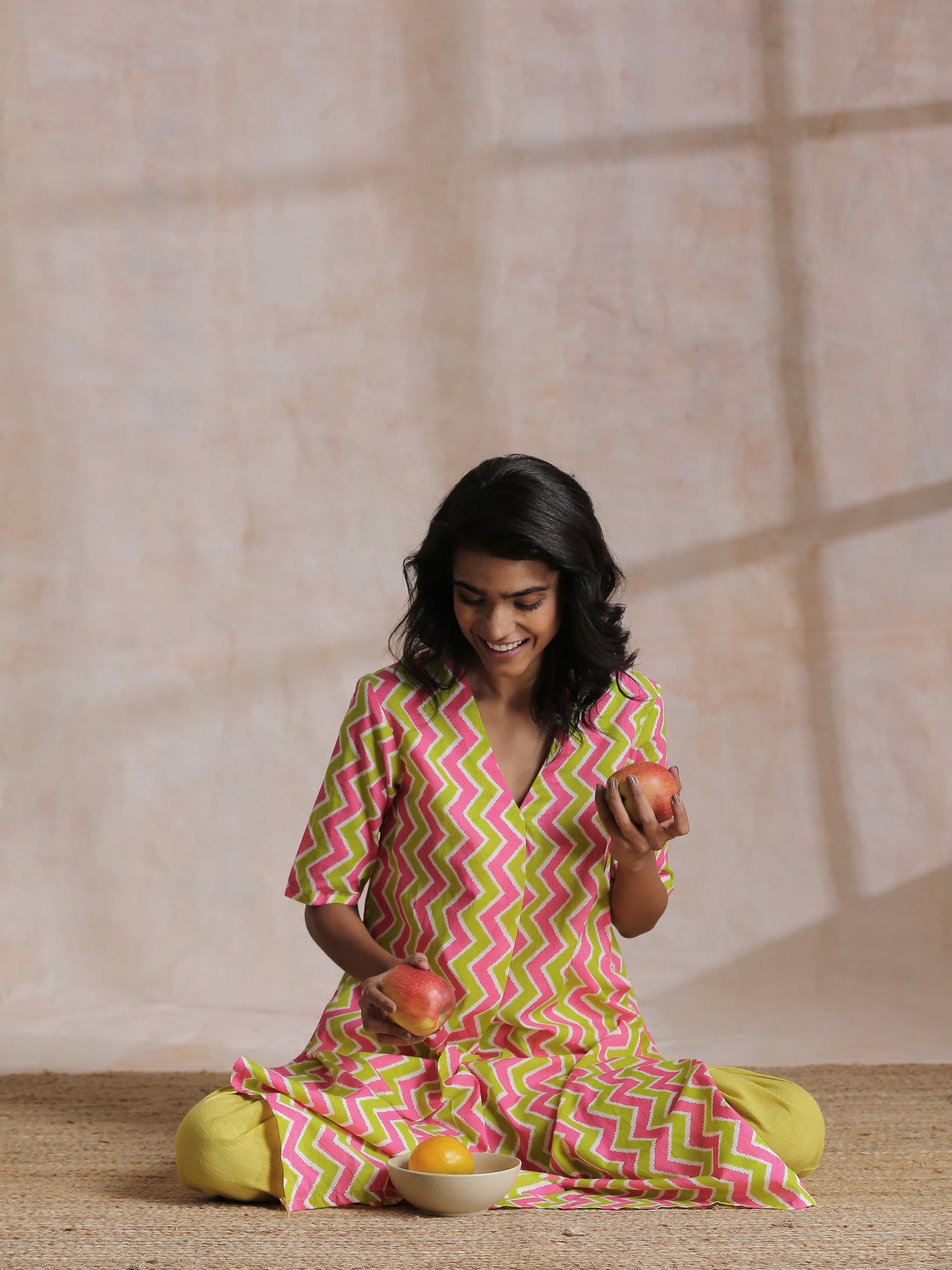 Lime Pink Zig-Zag Lines Print Cotton Kurta Pant Set