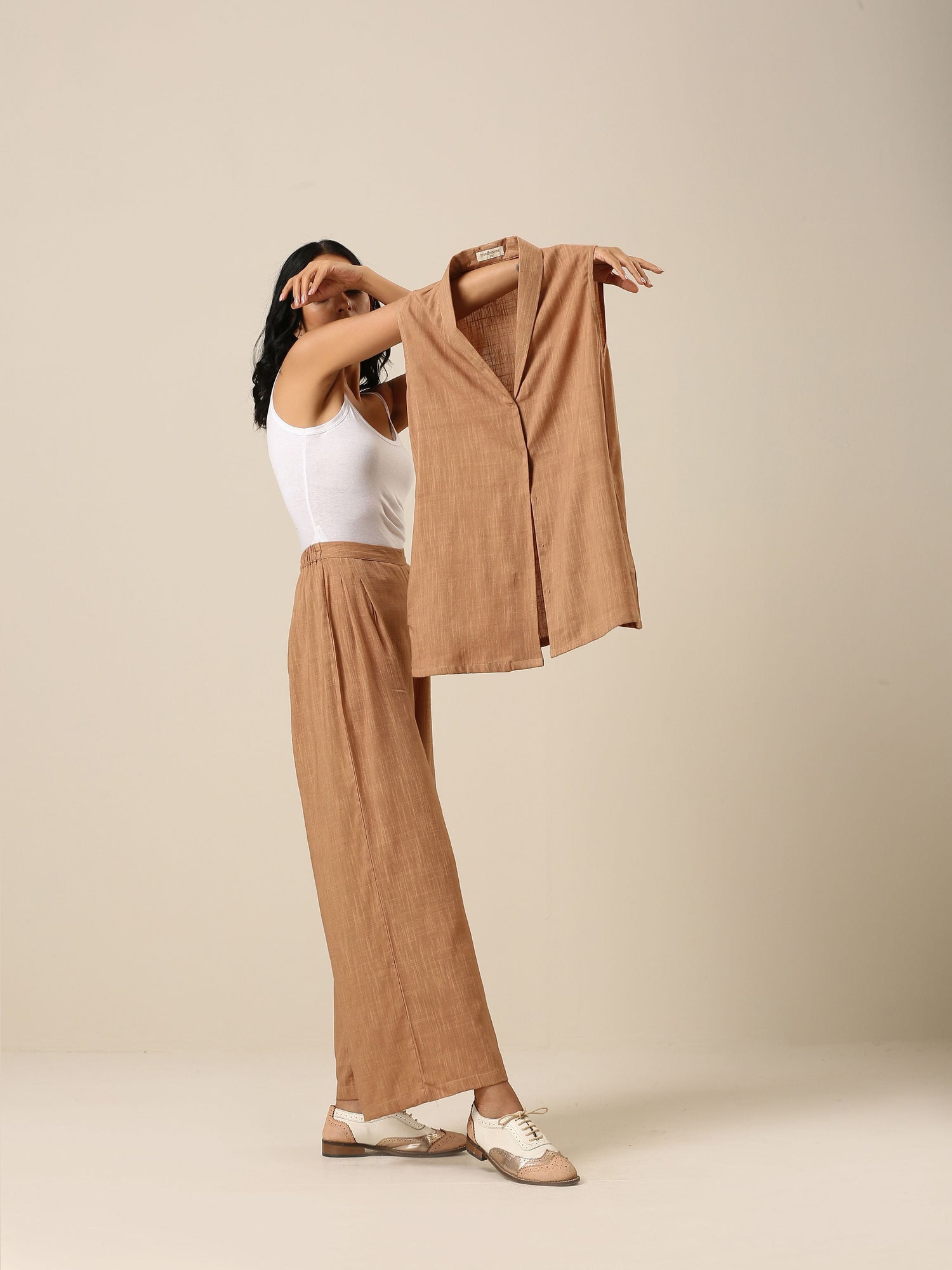 Beige Slub Texture Sleevesless Jacket Pant Set
