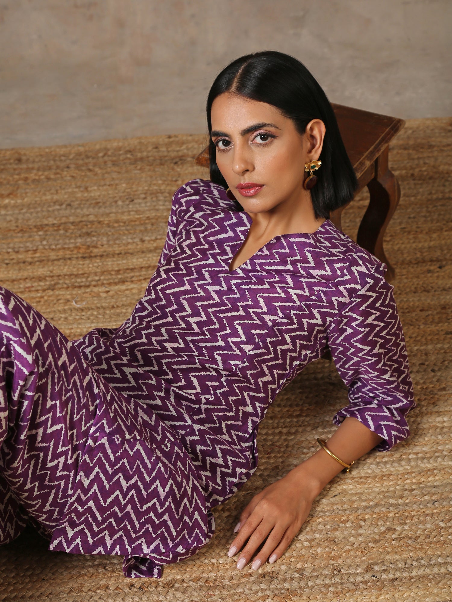 Purple White Lehariya Printed Silk Co-Ord Set
