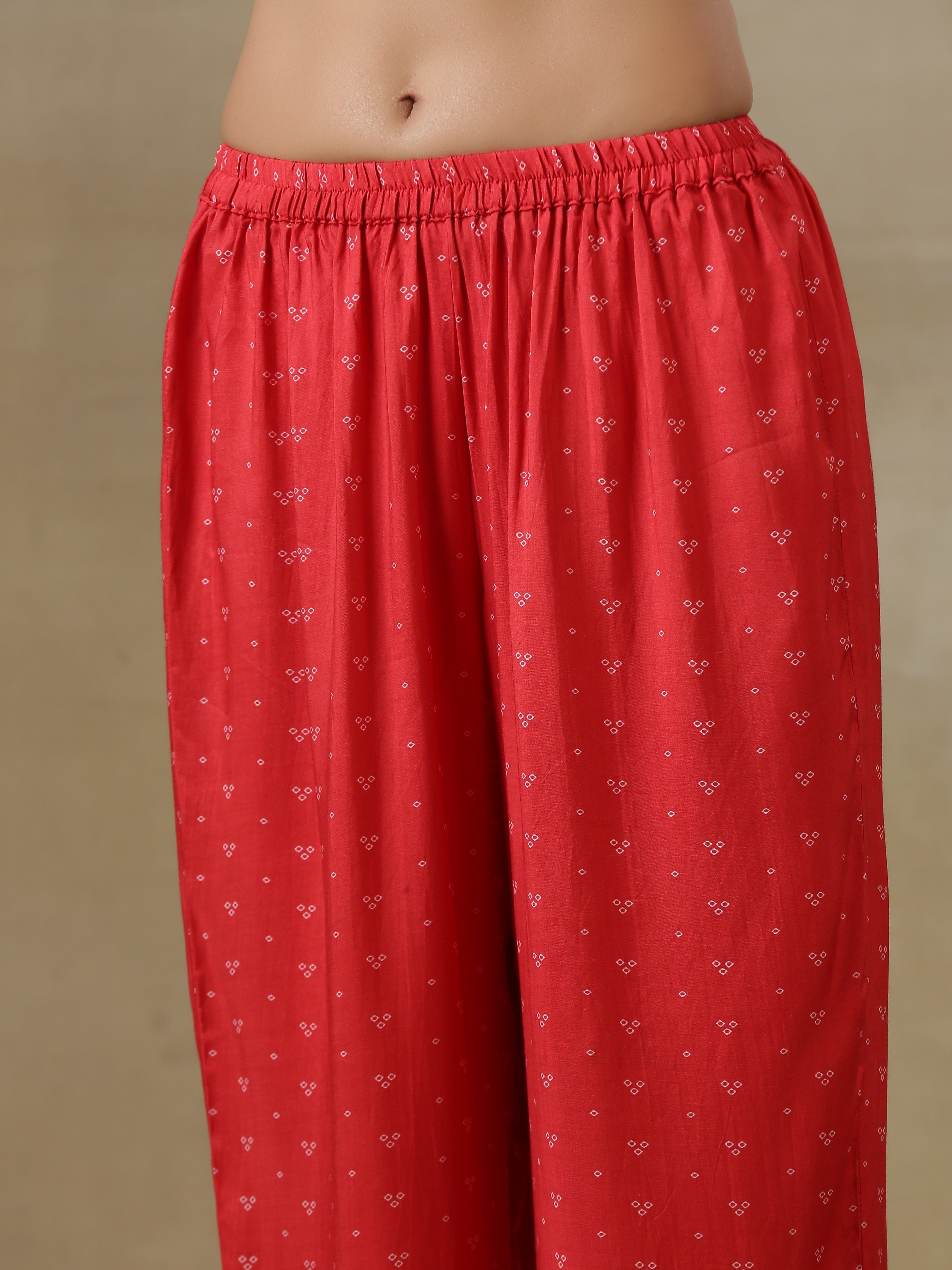 Red Bandhani Printed Silk Panel Kaftan Kurta Pant Set