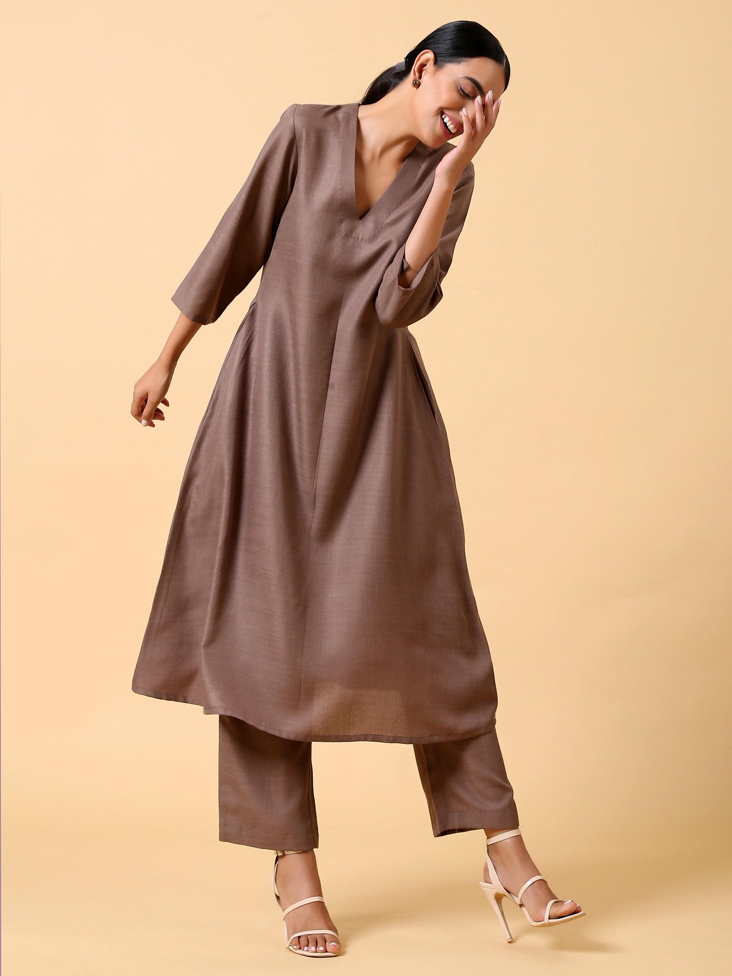 Cotton Linen Burnt Brown Kurta Pant Set - trueBrowns