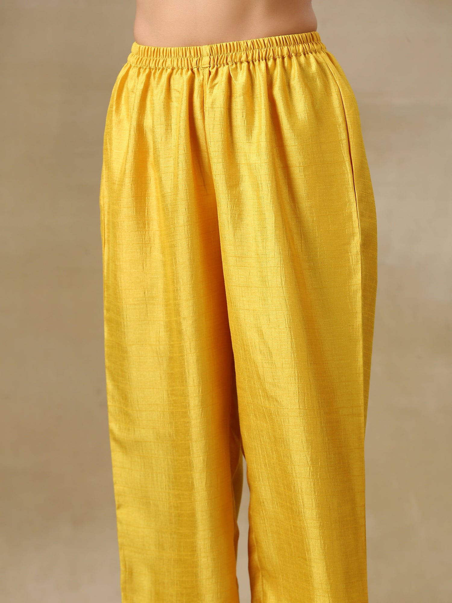Yellow Textured Silk High Slit Gathered Kurta Set