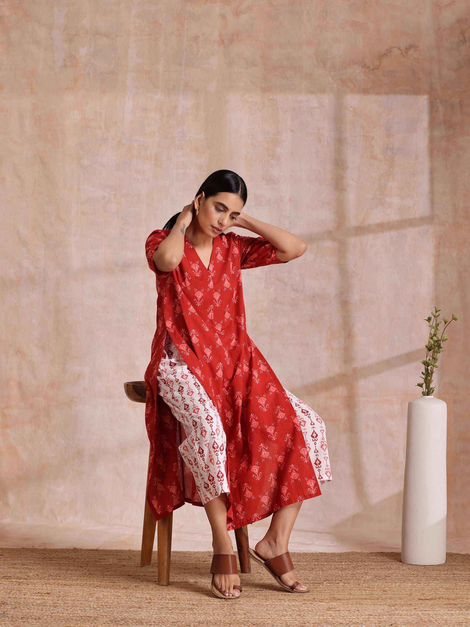 Red On Red Ikat Print Cotton Kurta Pant Set