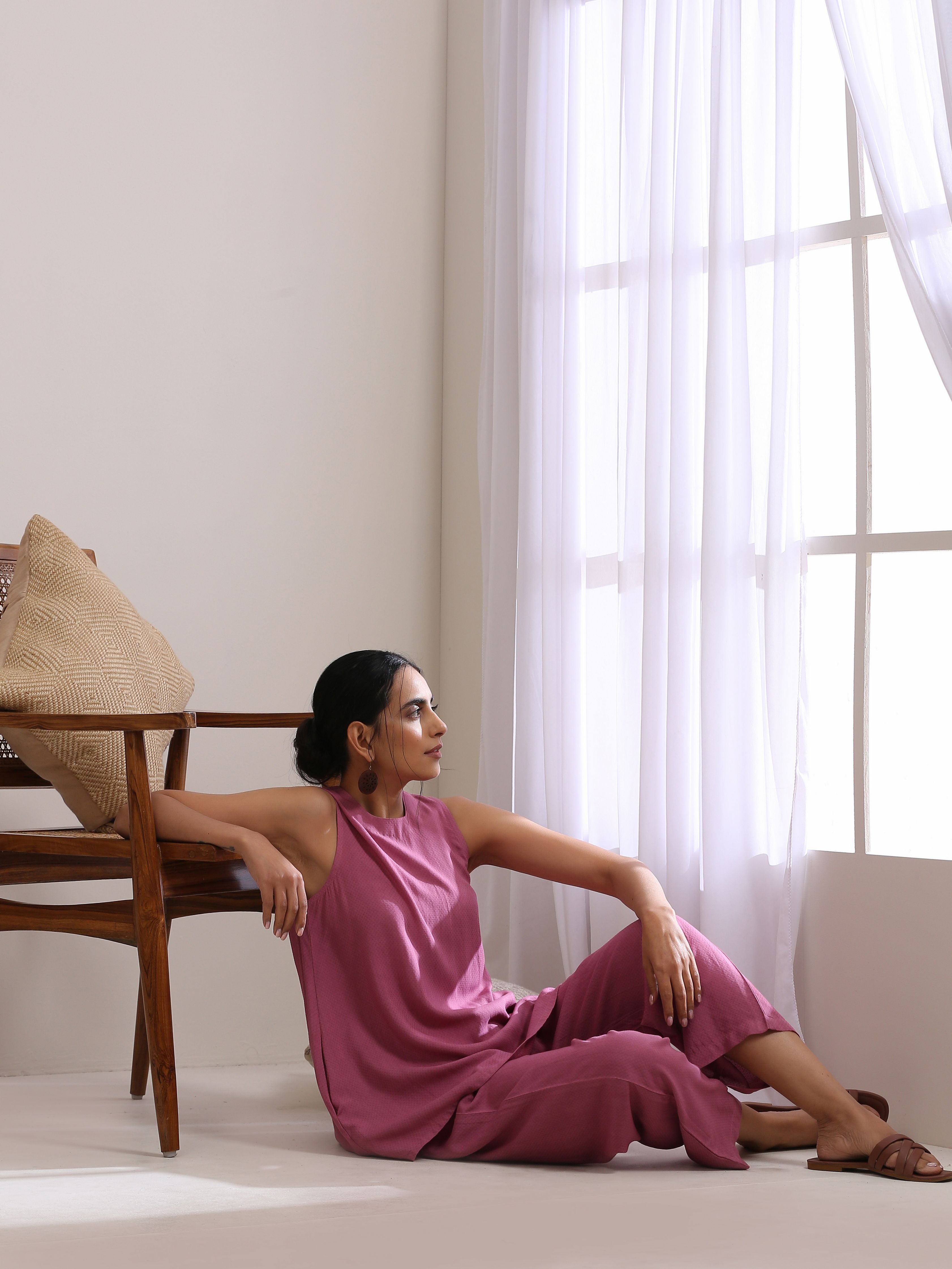 Onion Pink Dobby Sleeveless Short Co-Ord Set
