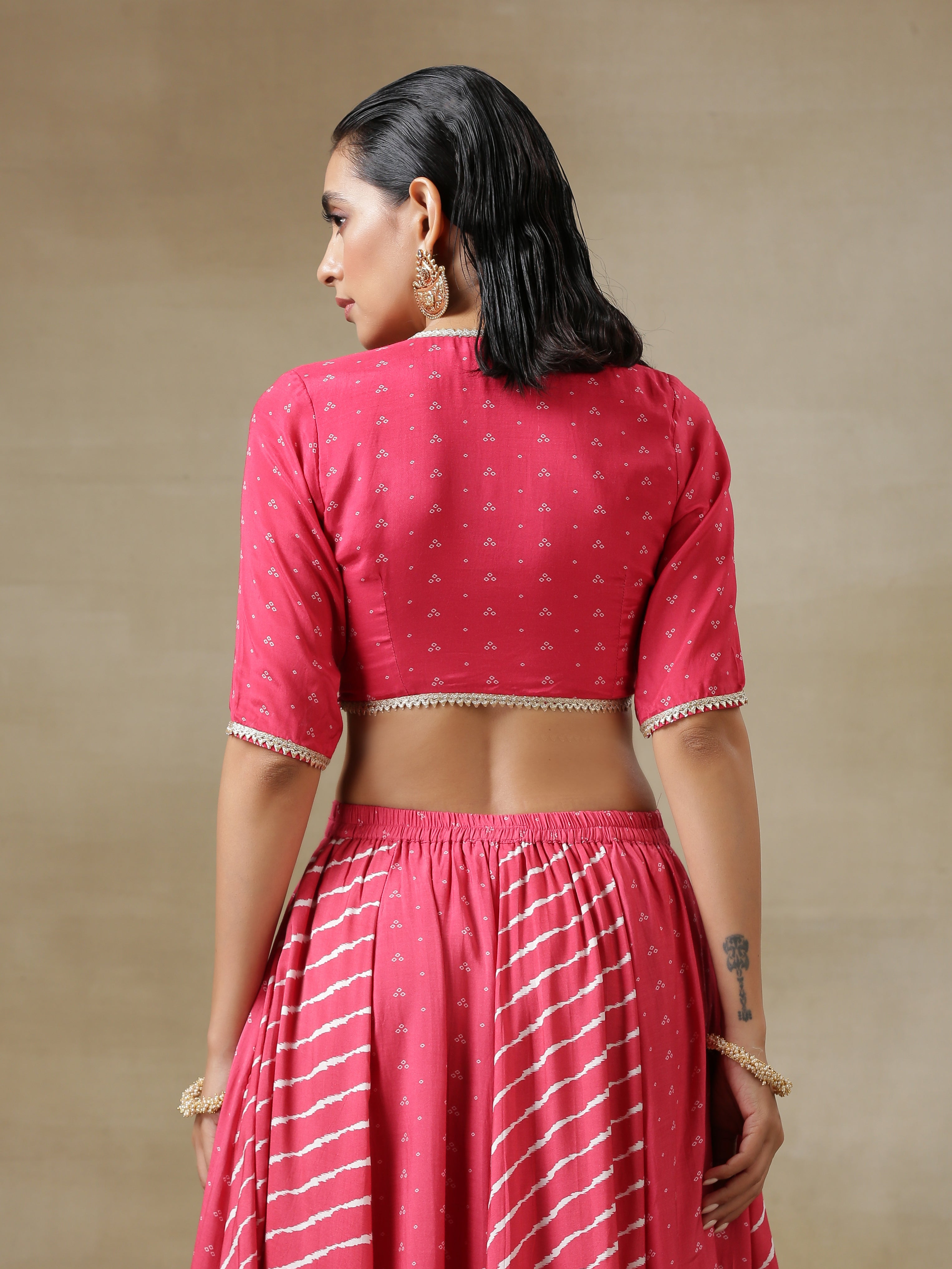 Pink Bandhani Printed Tiered Top with Lace Inserts