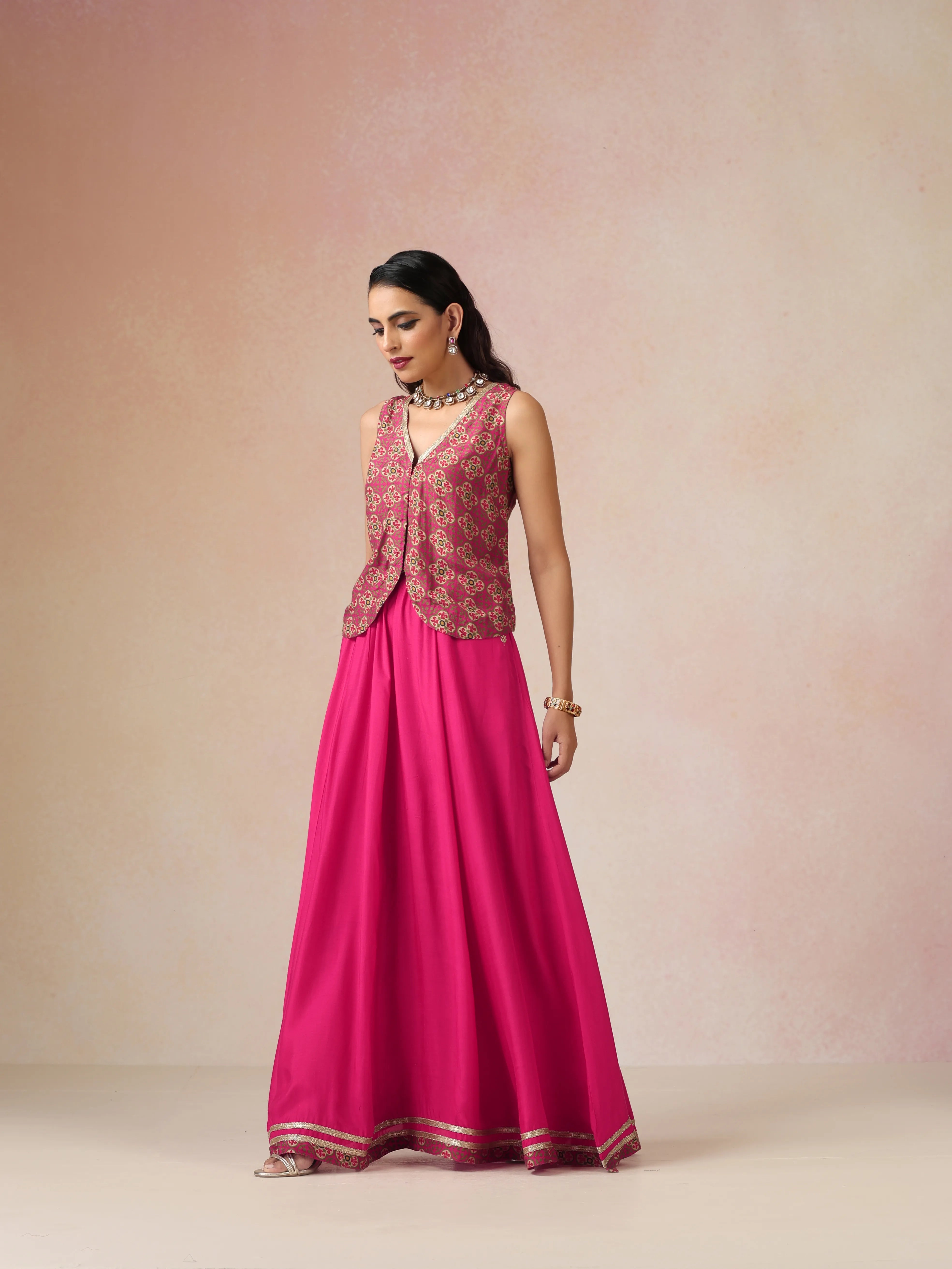 trueBrowns Pink Print Viscose Jacket Skirt Co-ord Set