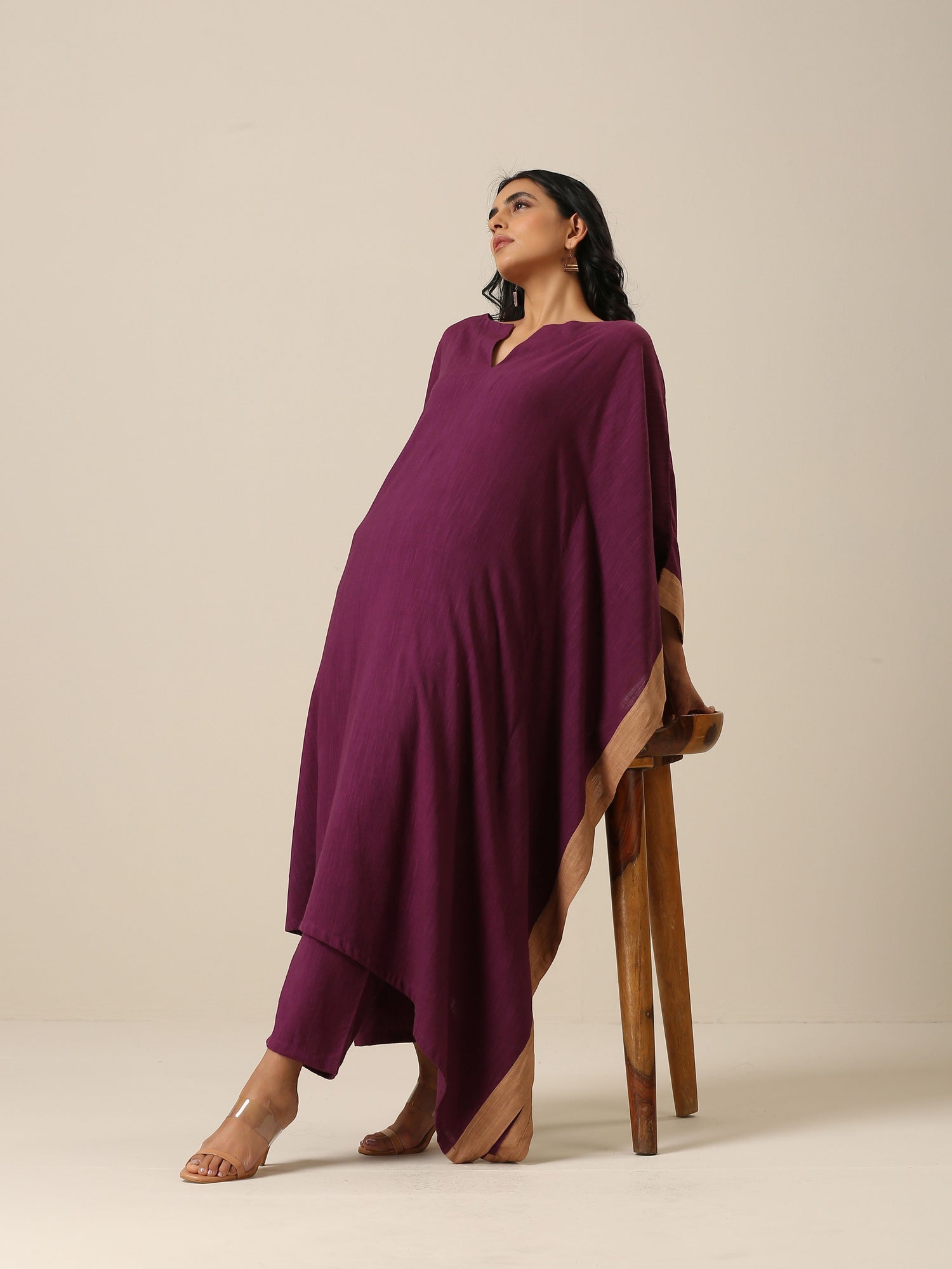 Plum Purple Slub Texture High Low Kaftan Pant Set