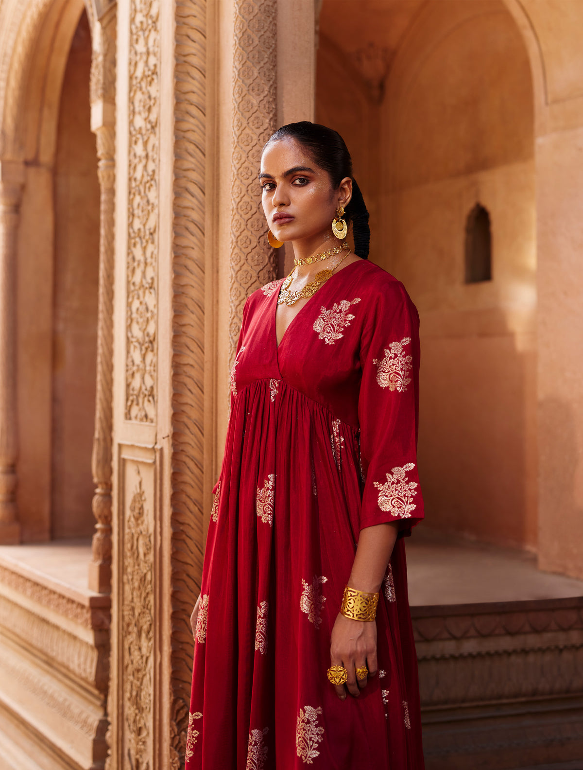 trueBrowns Maroon Floral Viscose Silk Kurta Pant Set