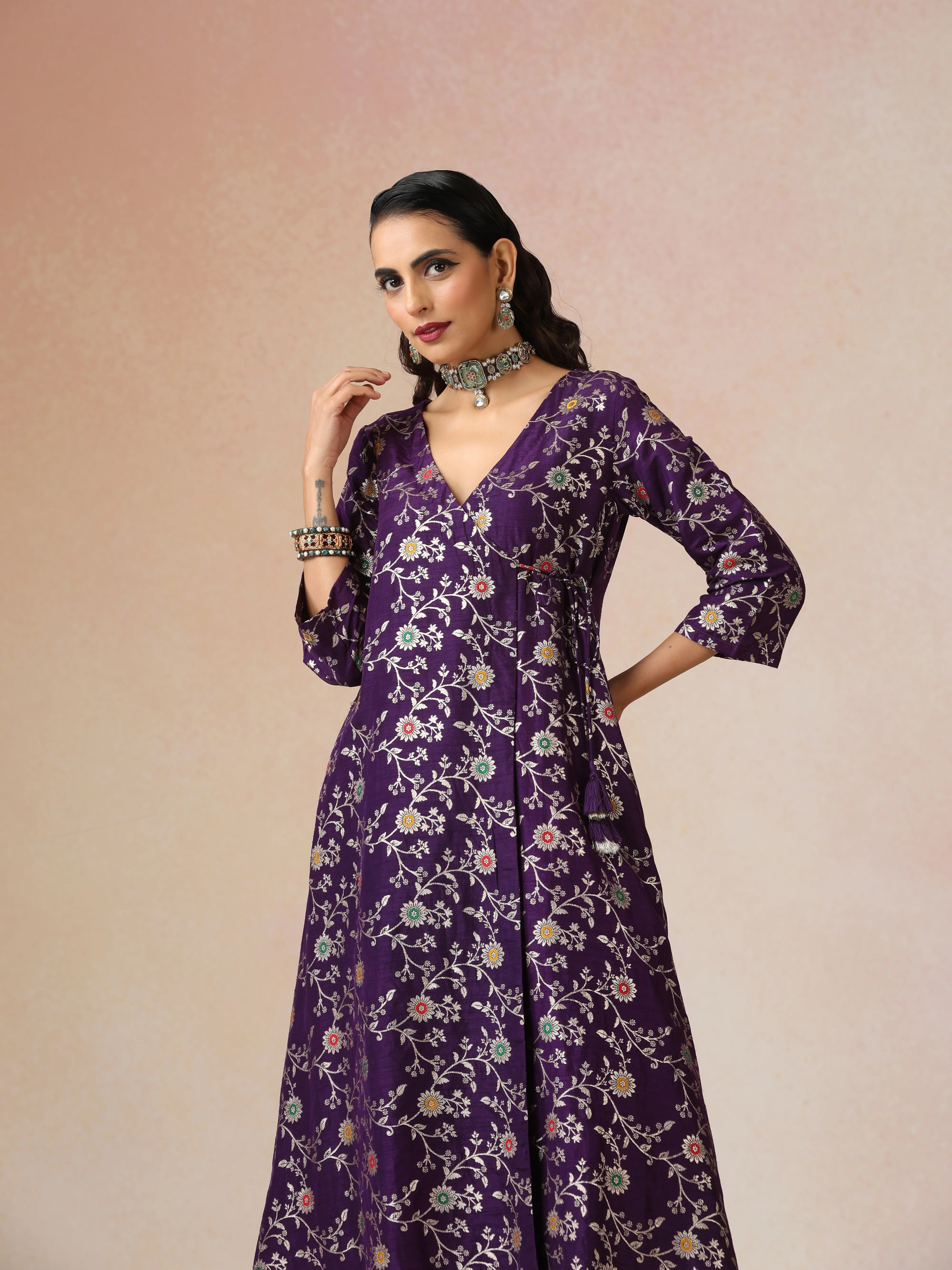  trueBrowns Purple Brocade Angrakha Kurta Set