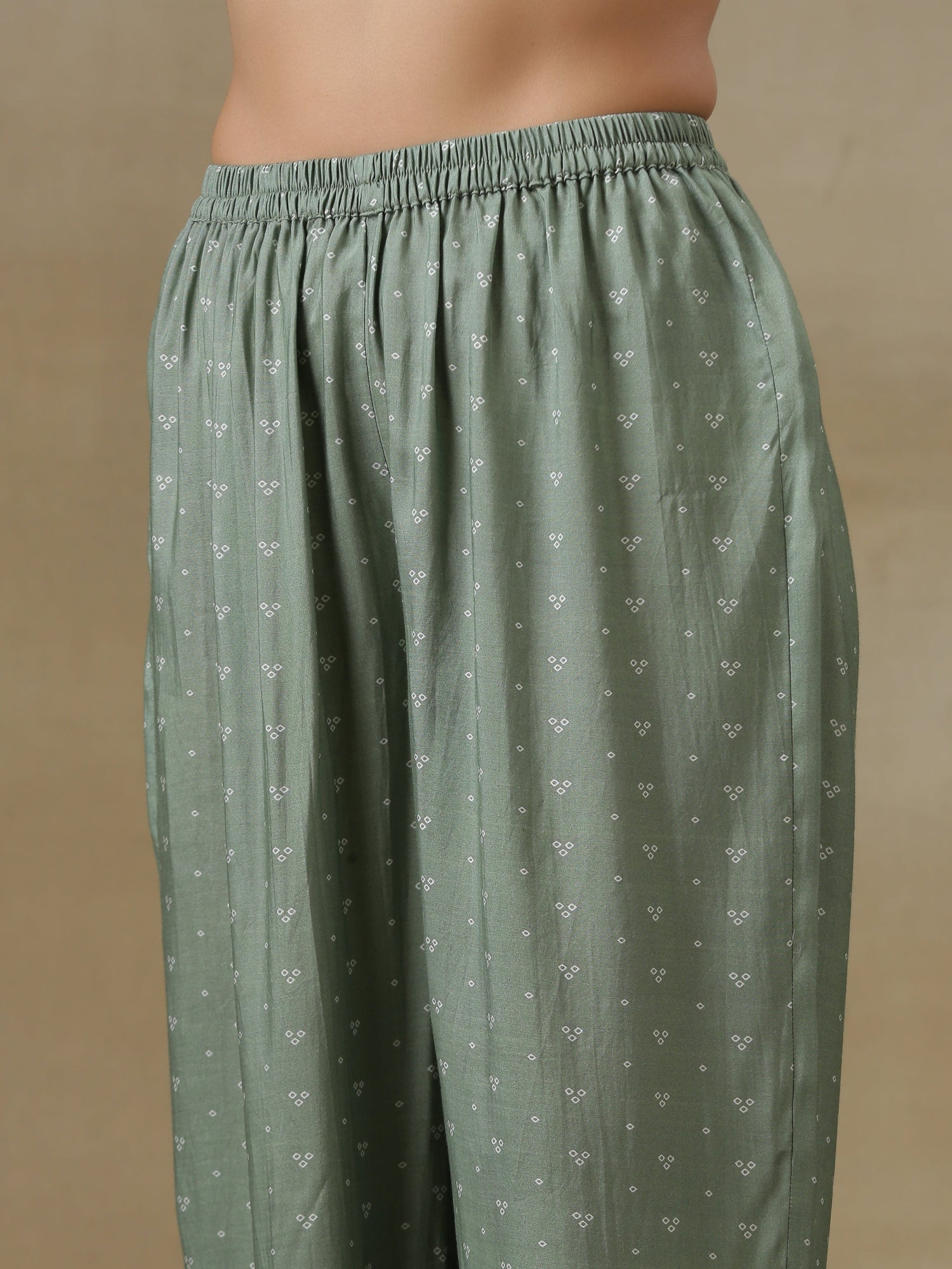 Light Green Bandhani Printed Silk Yoke Kurta Pant Set