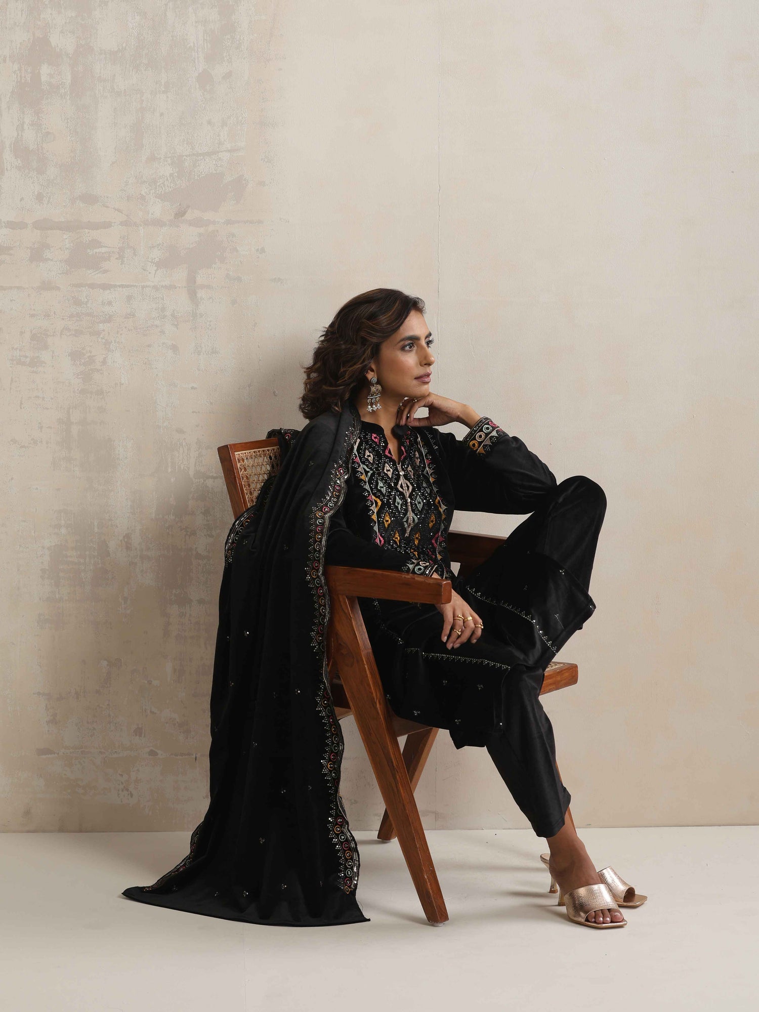 Black Embroidered Cotton Straight Kurta Pant Set With Dupatta