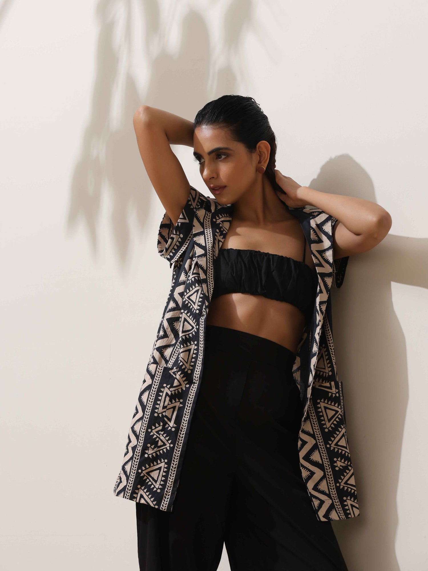 trueBrowns Beige Cotton Geometric Print Jacket Co-ord Set