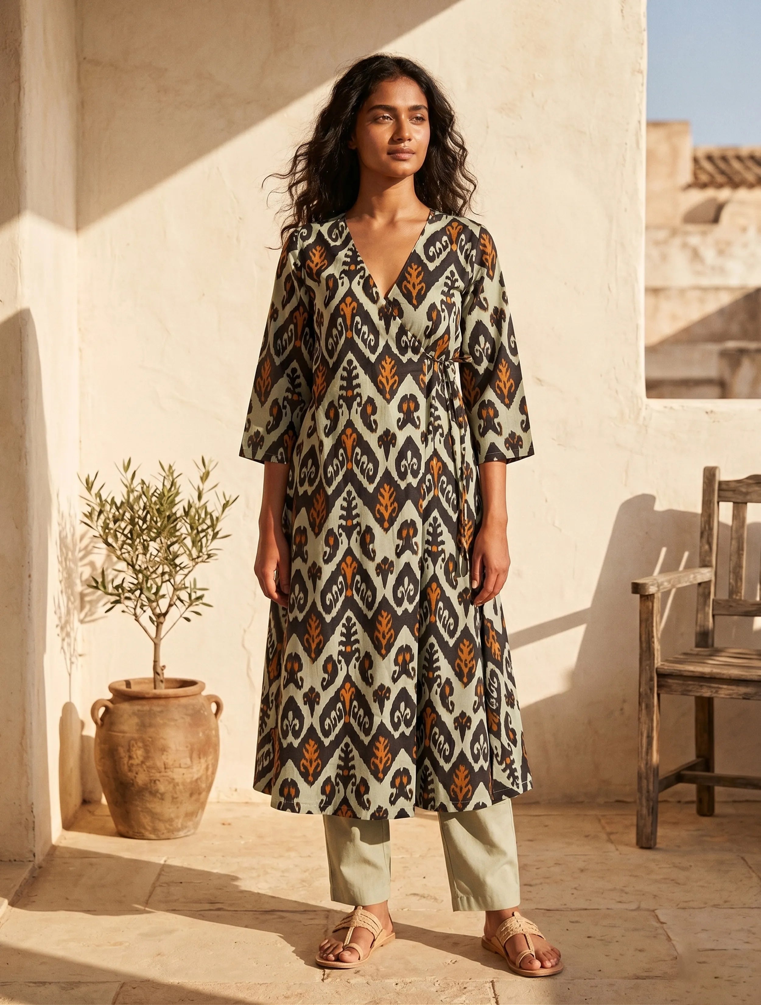 trueBrowns Mint Green Ikat Print Cotton Angrakha Kurta Set