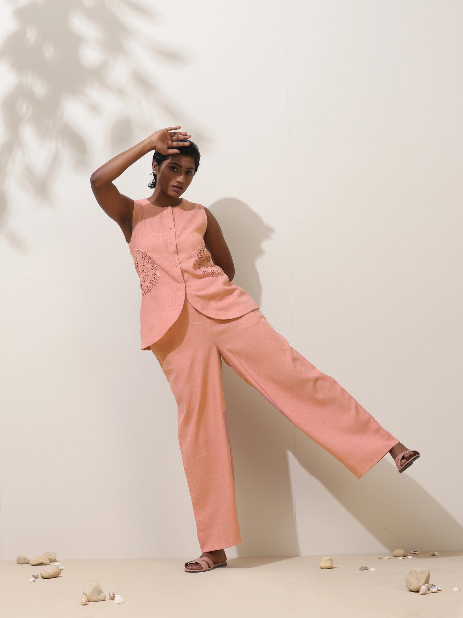 trueBrowns Camellia Pink Crochet Natural Cotton Co-ord Set