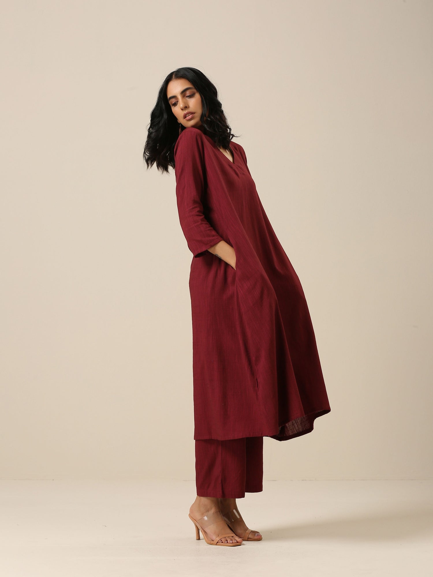 Ruby Wine Slub Texture Back Pleat Kurta Pant Set