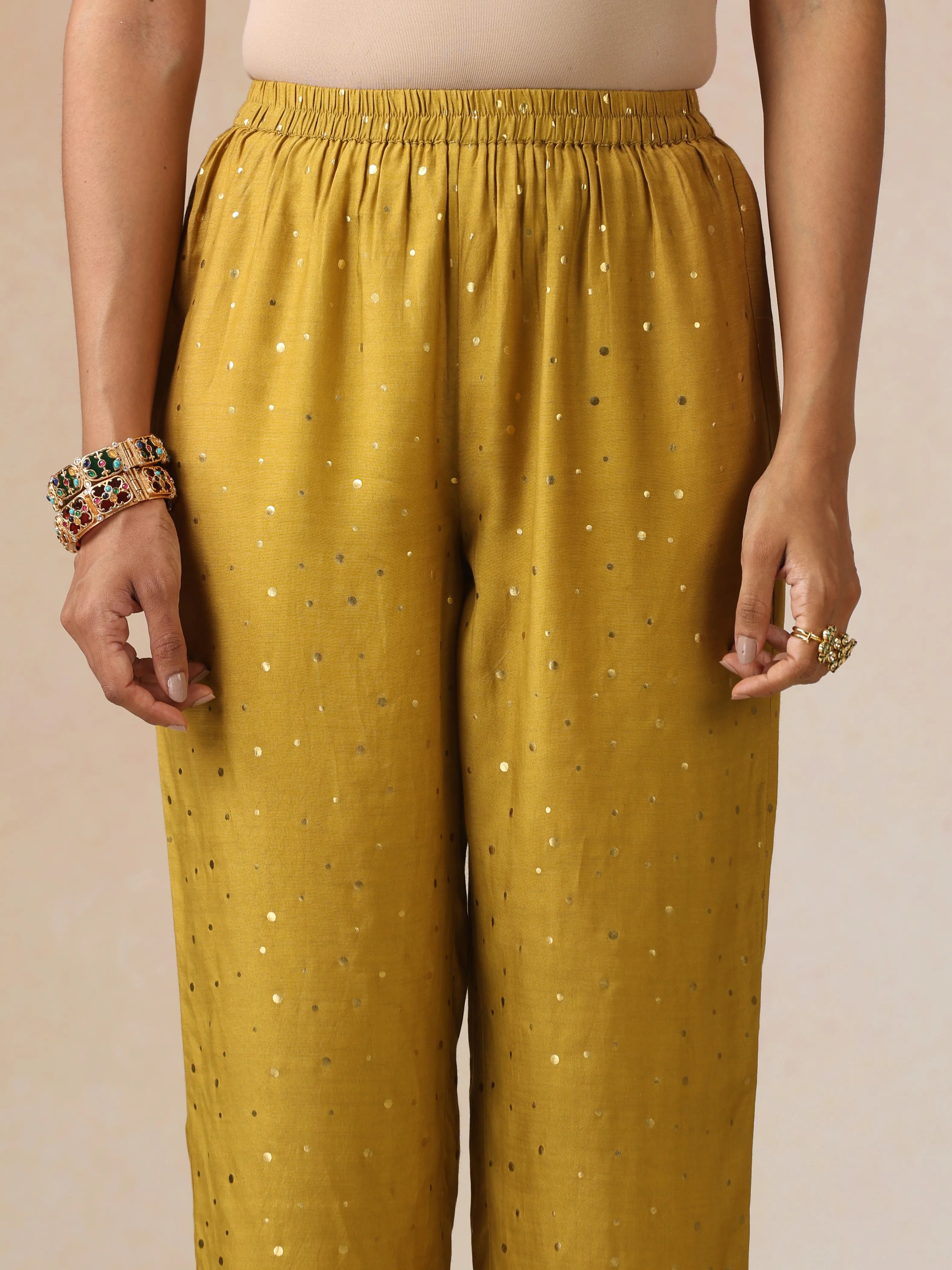 trueBrowns Dark Green Gold Foil Print Muslin Silk Kurta Set