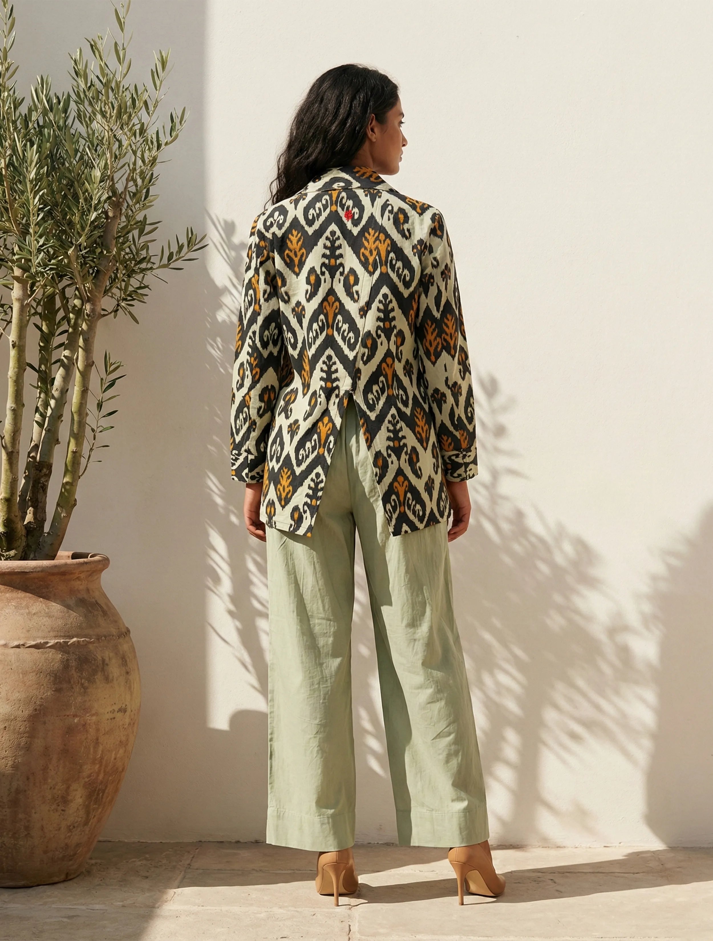 trueBrowns Mint Green Ikat Print Cotton Poplin Blazer Co-Ord Set