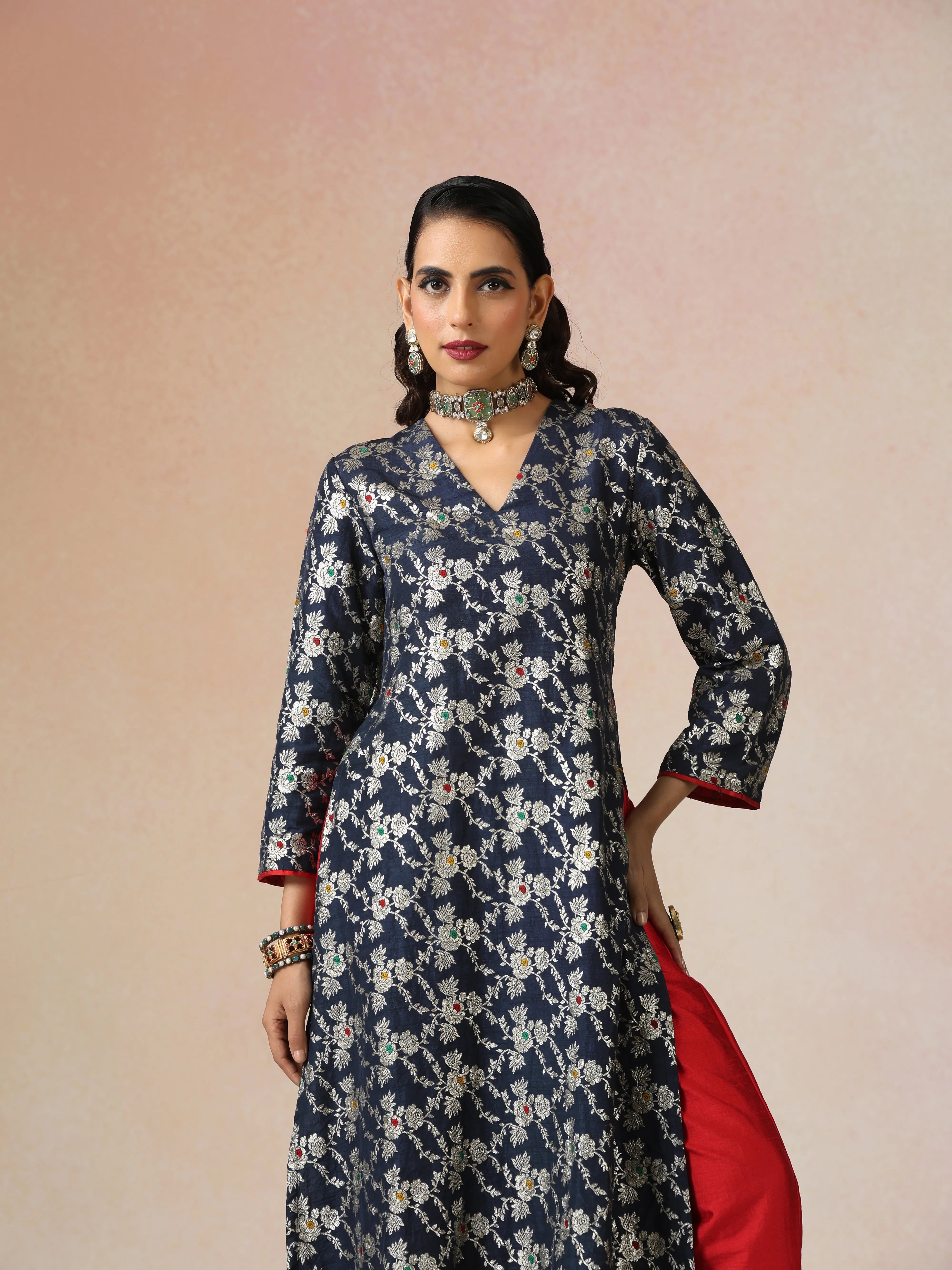 trueBrowns Blue Brocade Straight High-Slit Kurta Set