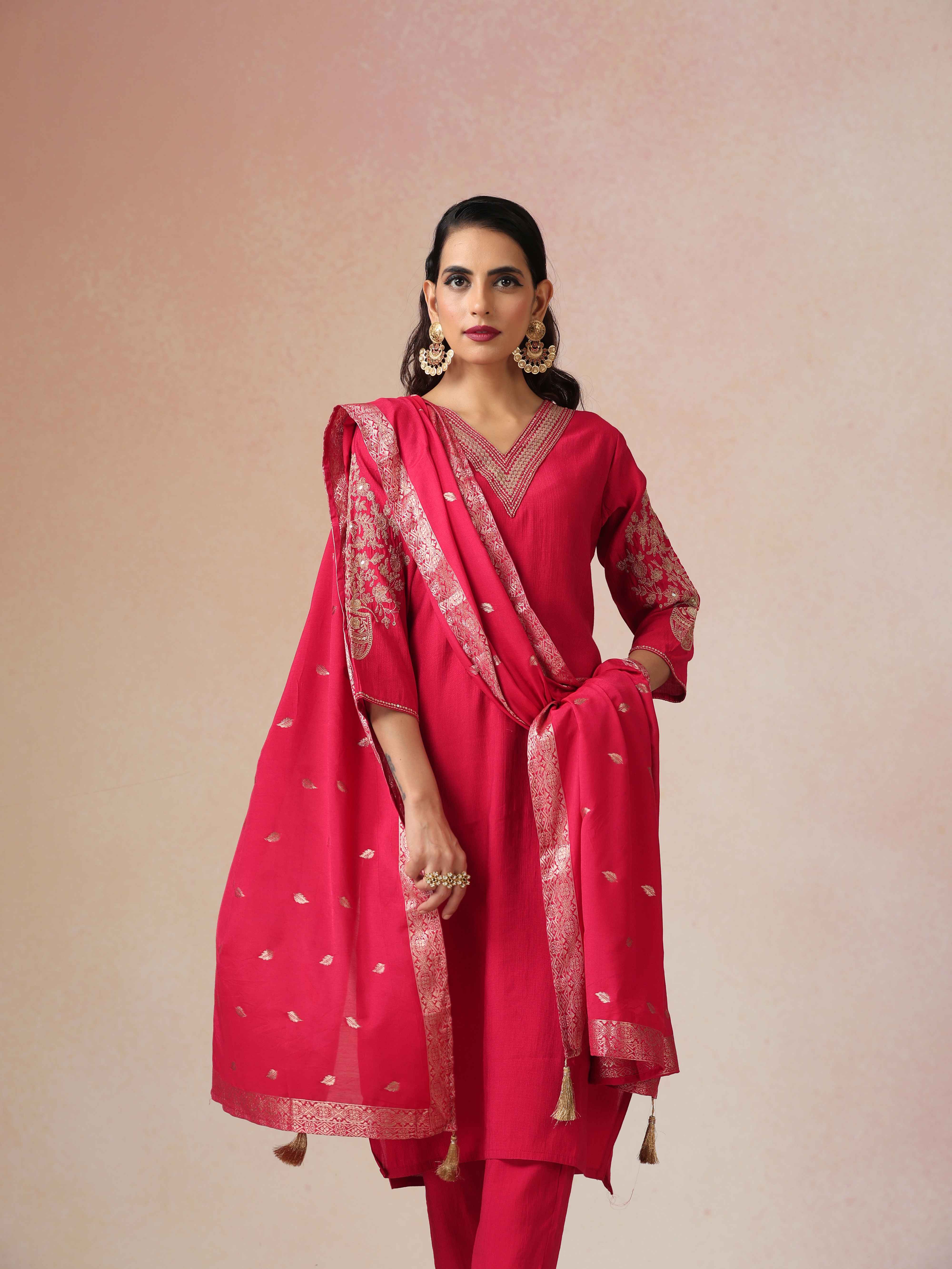 trueBrowns Red Embroidered Straight Kurta Pant Dupatta Set