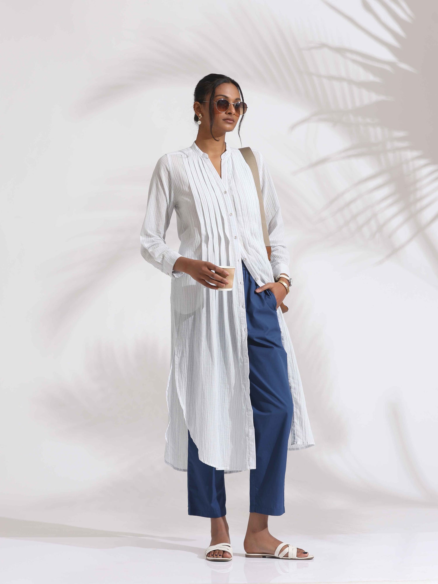 trueBrowns White Cotton Stripe Pleated Shirt Kurta Set