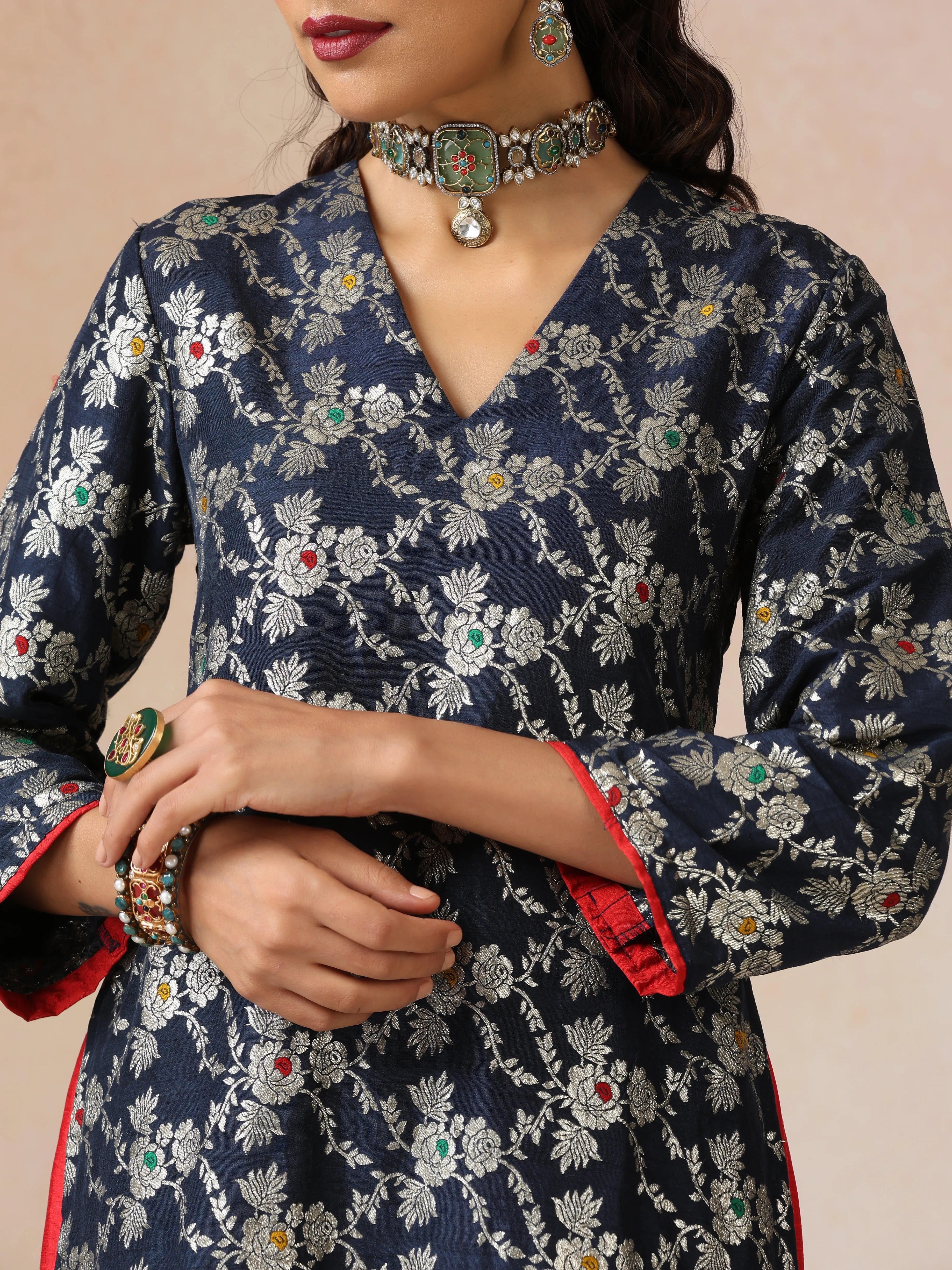 trueBrowns Blue Brocade Straight High-Slit Kurta Set