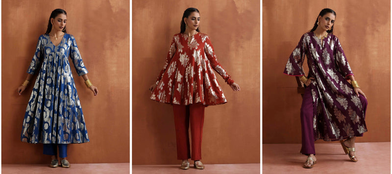 Pink Gold Cotton Neck Pleat Kurta Set