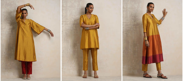 Pink Gold Cotton Neck Pleat Kurta Set