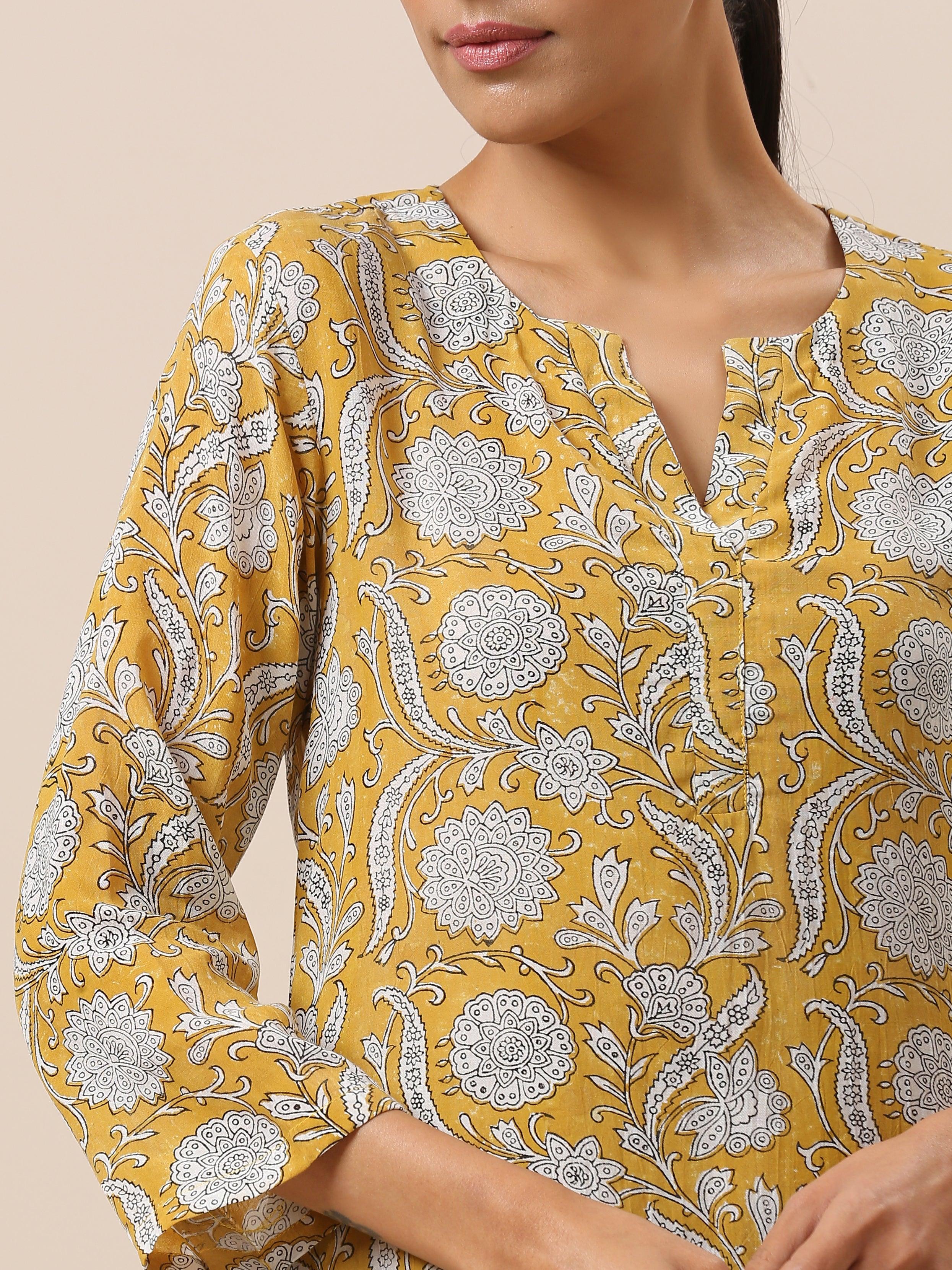 Cotton Hand Block Printed Yellow Co-Ord Set - trueBrowns