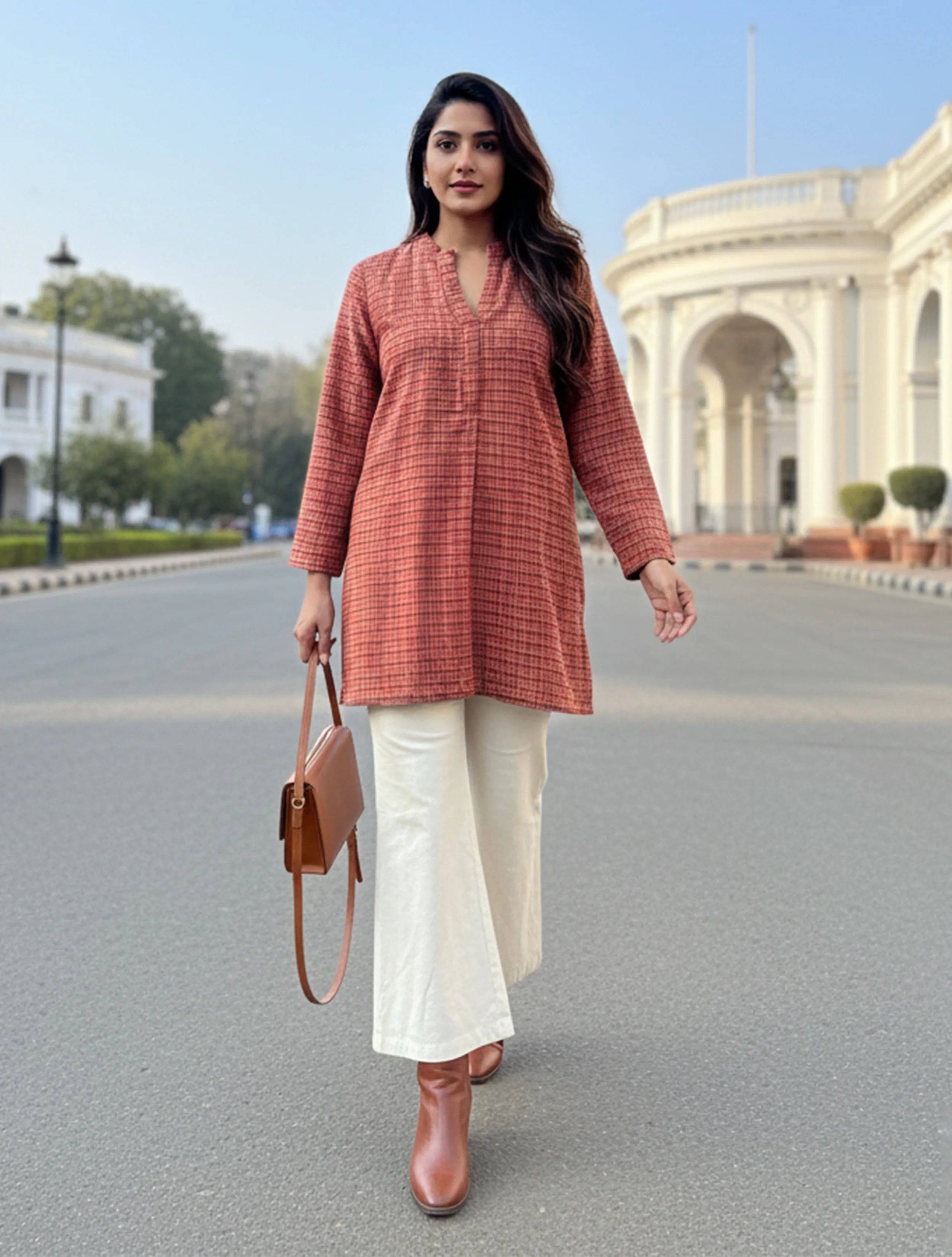 trueBrowns Maroon Check Round V-Neck Top