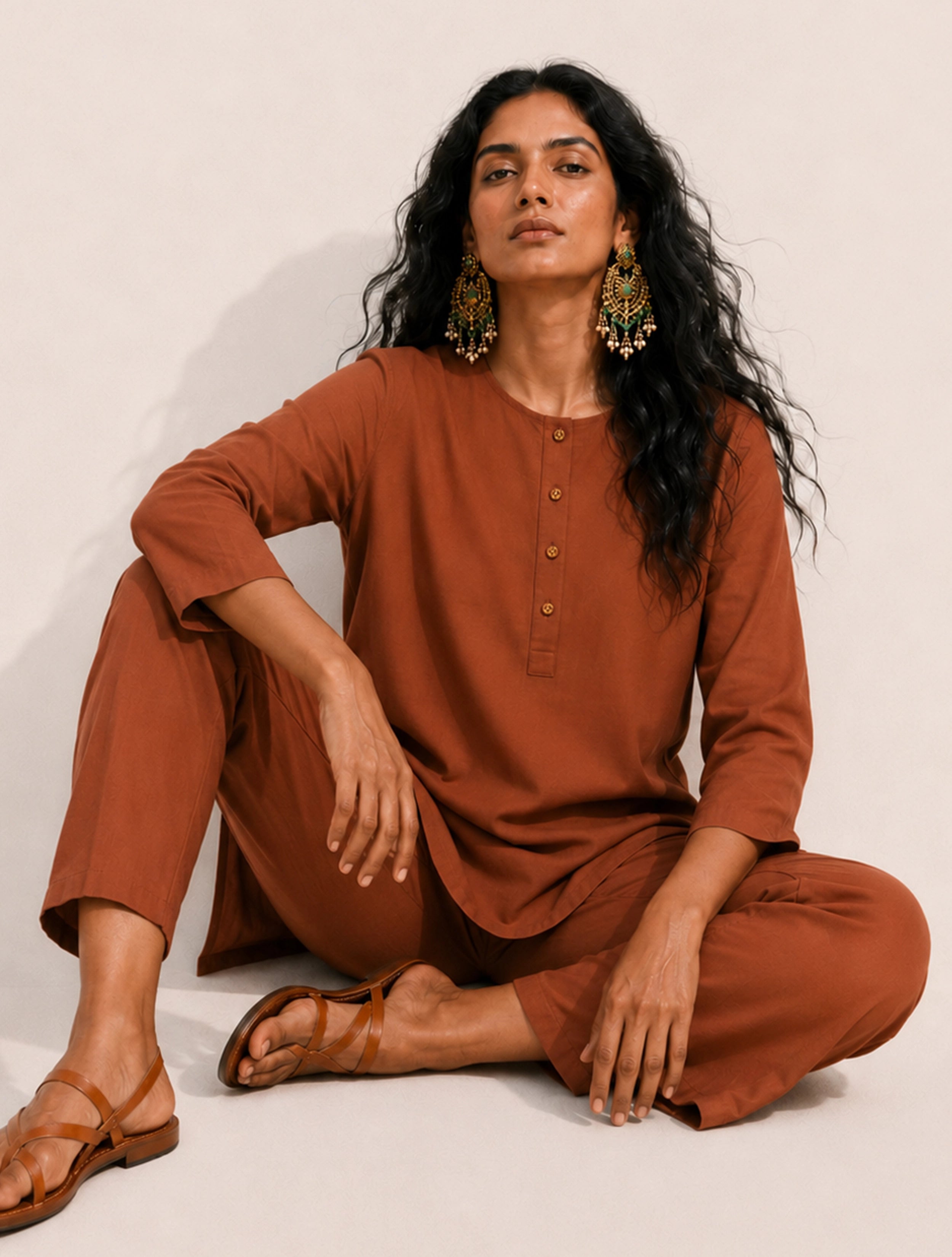 trueBrowns Rust Solid Viscose Round Neck Co-Ord Set
