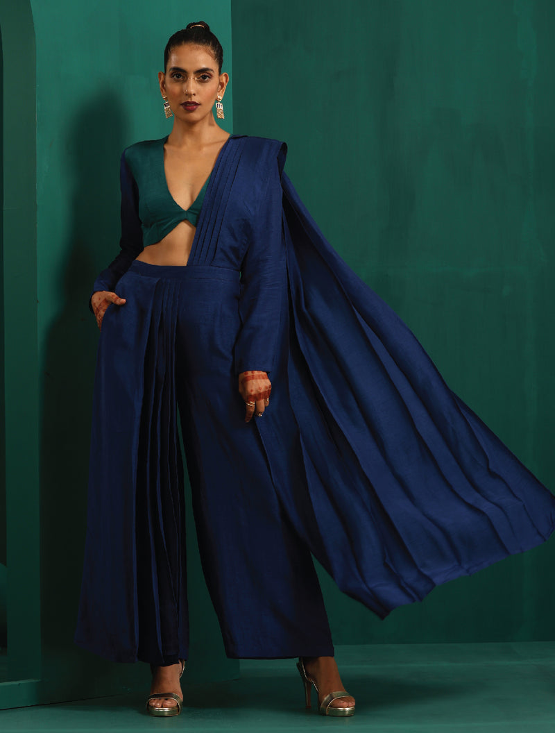 trueBrowns Blue Silk Ready To Wear Palazzo Saree
