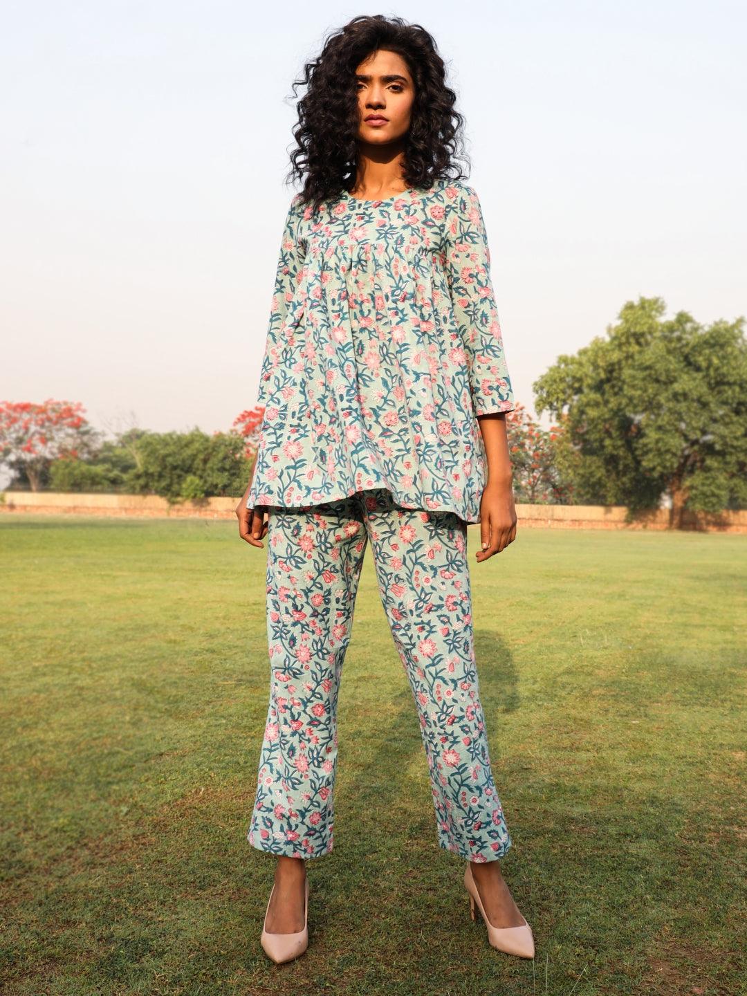 Eggshell Blue Cotton Block Print Gathered Co-Ord Set - trueBrowns