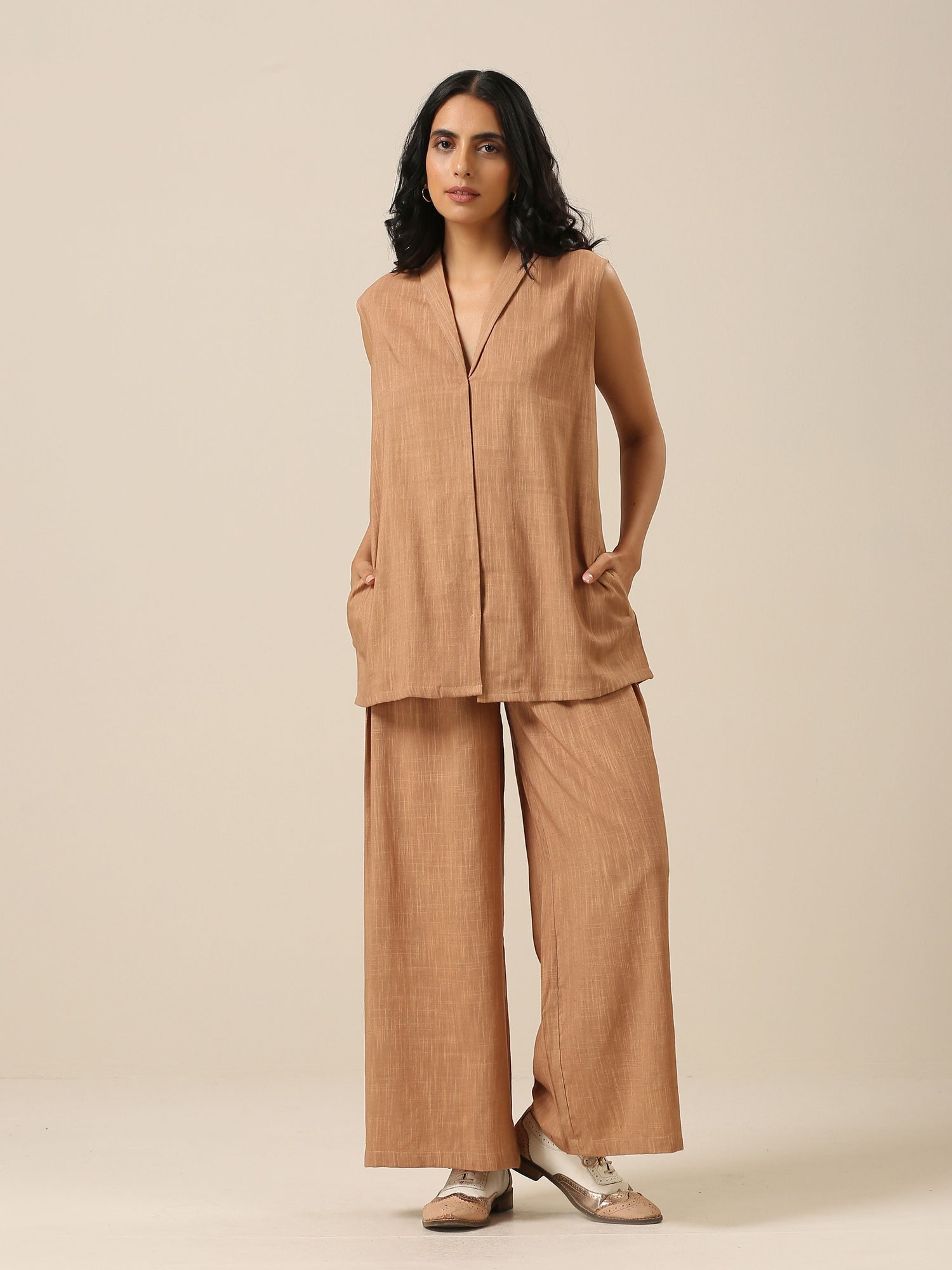 Beige Slub Texture Sleevesless Jacket Pant Set