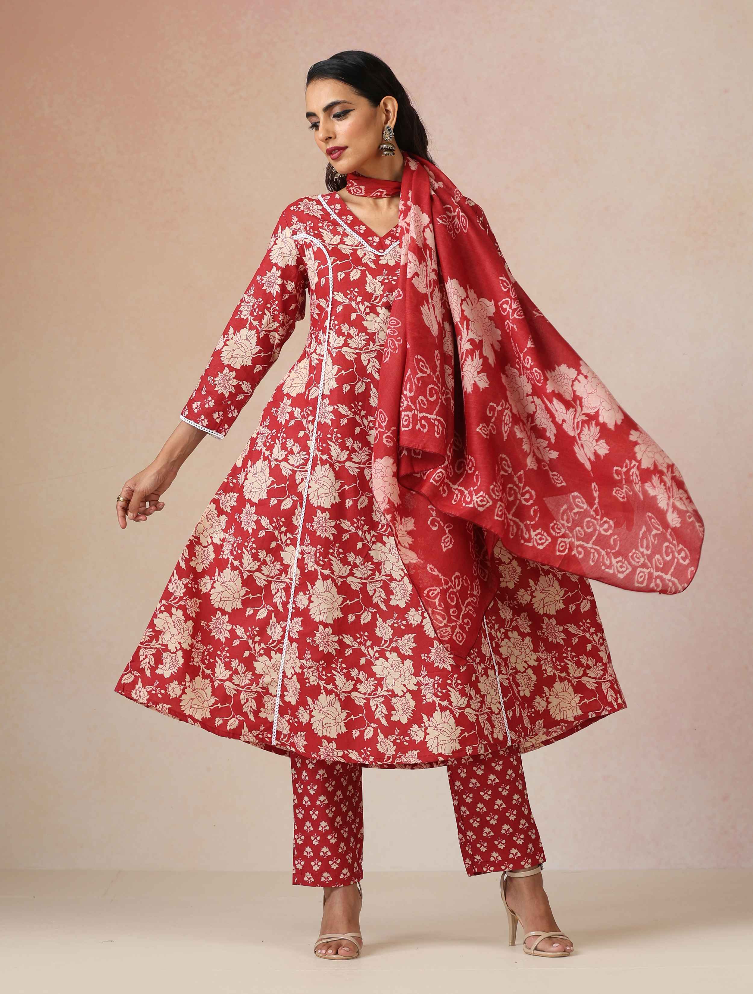 trueBrowns Red Cotton Print A Line Kurta 3pc Set