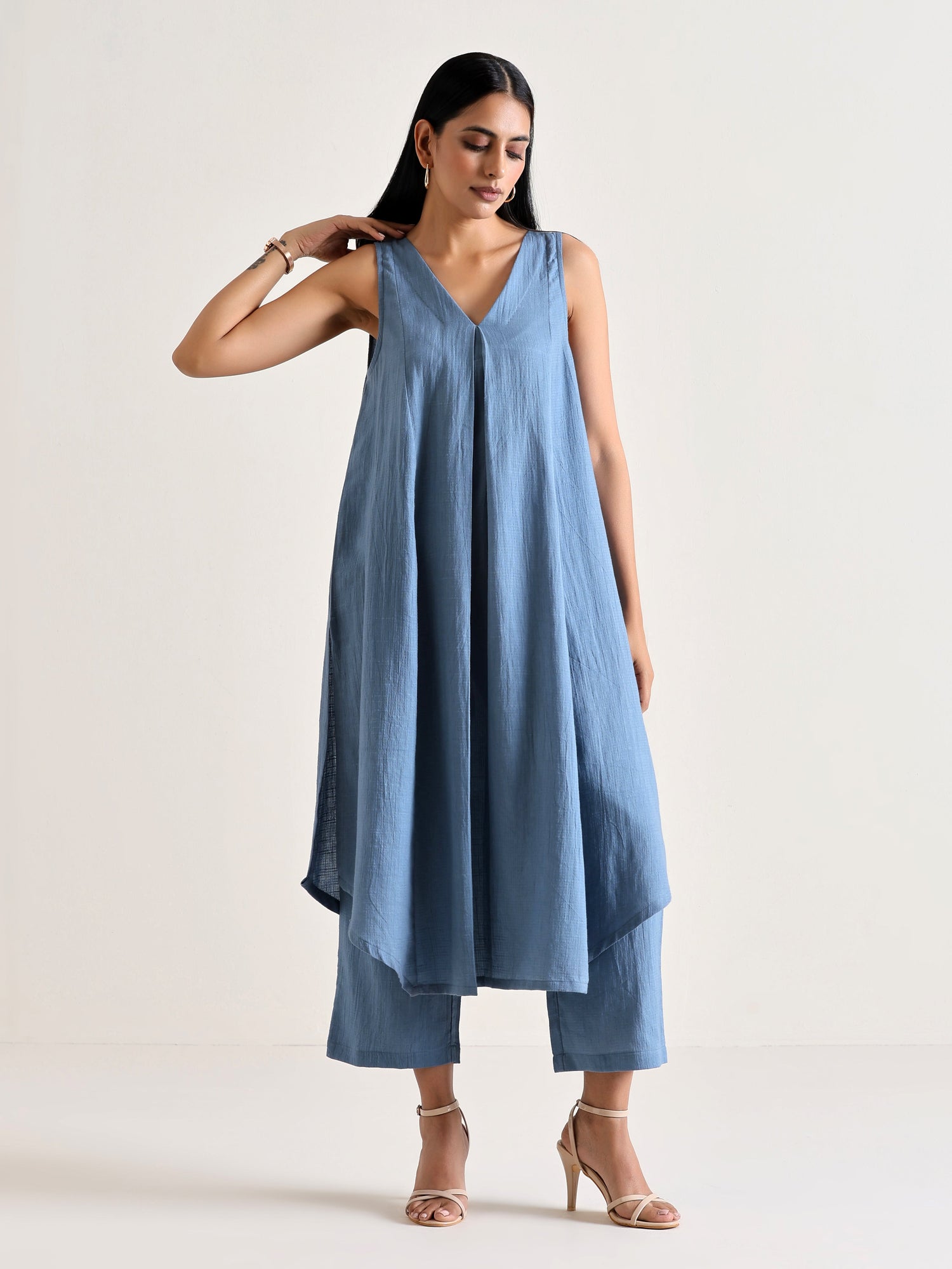 Light Blue Sleeveless Flared  Kurta Pant Set