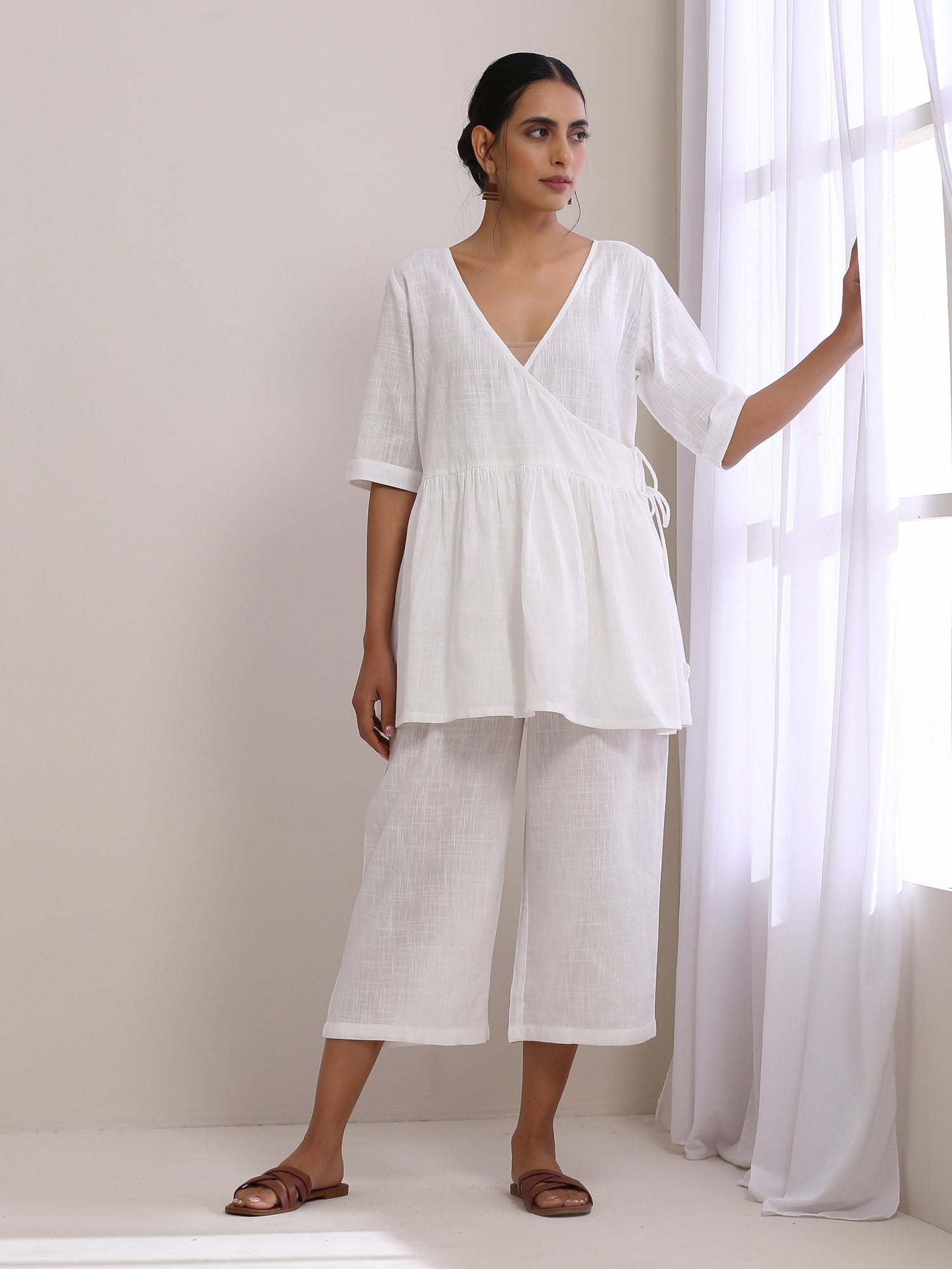 White Slub Texture Short Angrakha Co-Ord Set