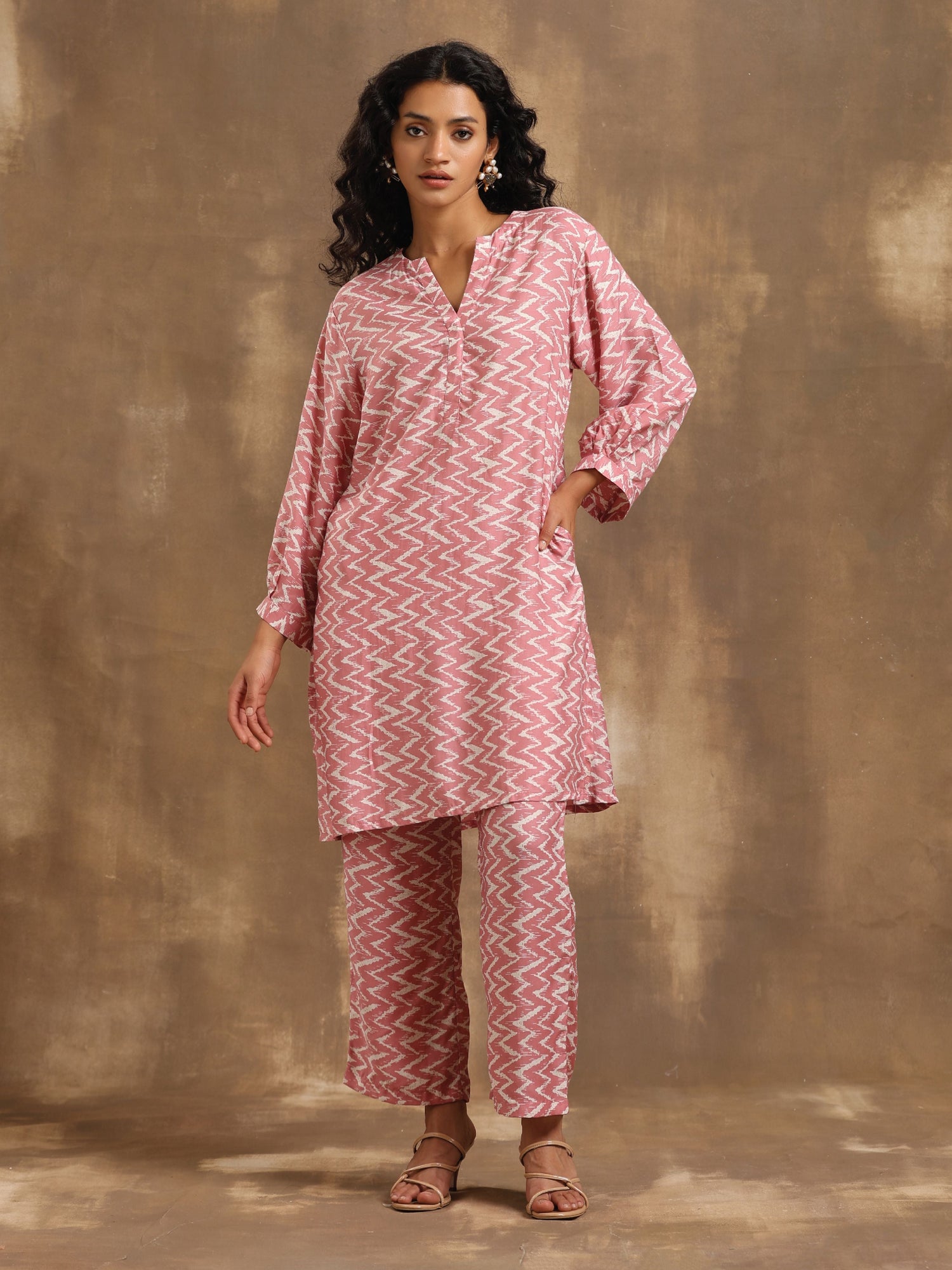 Light Mauve Zig-Zag Printed Silk Co-Ord Set