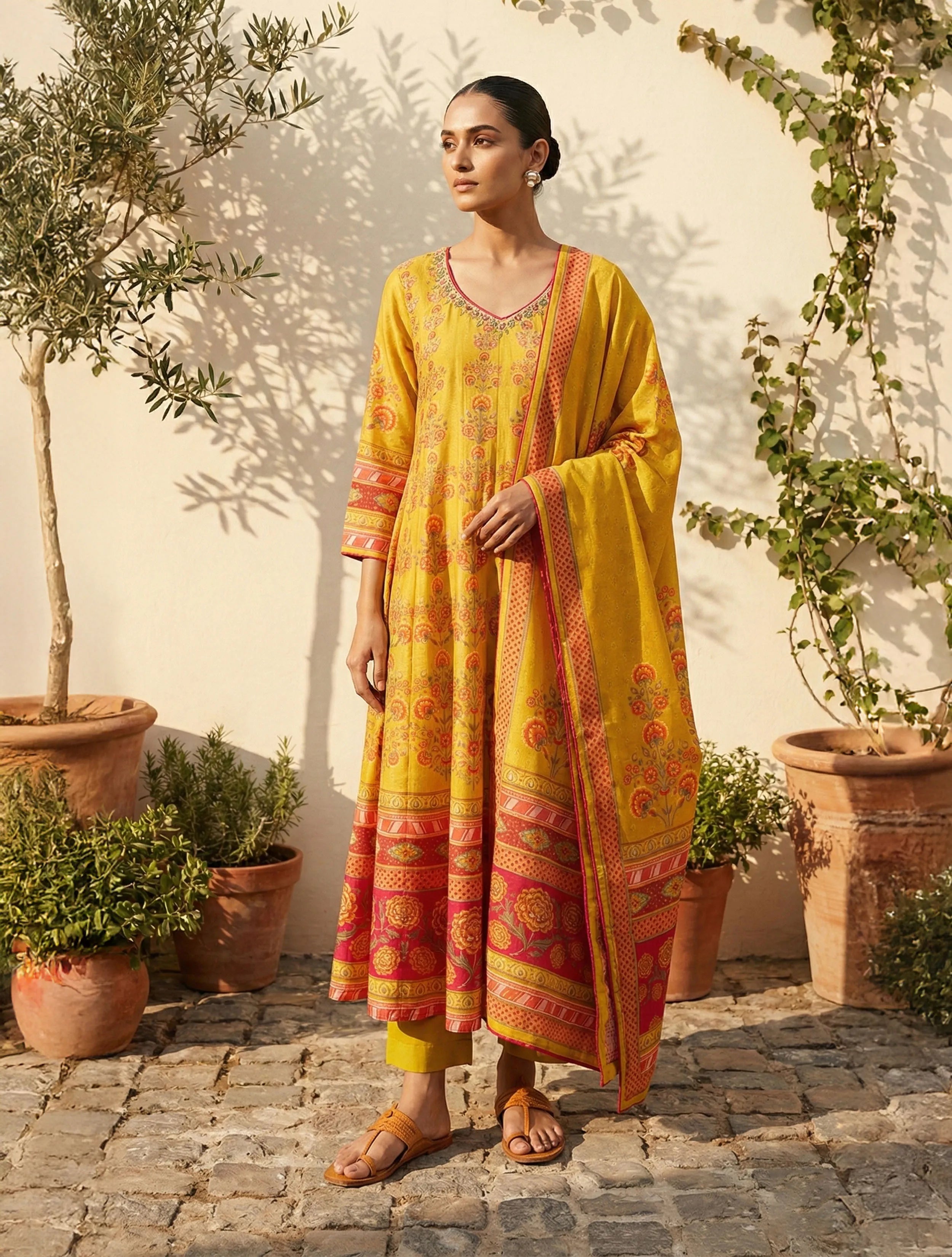 trueBrowns Yellow Floral Print Embroidered Anarkali Kurta Pant Dupatta Set