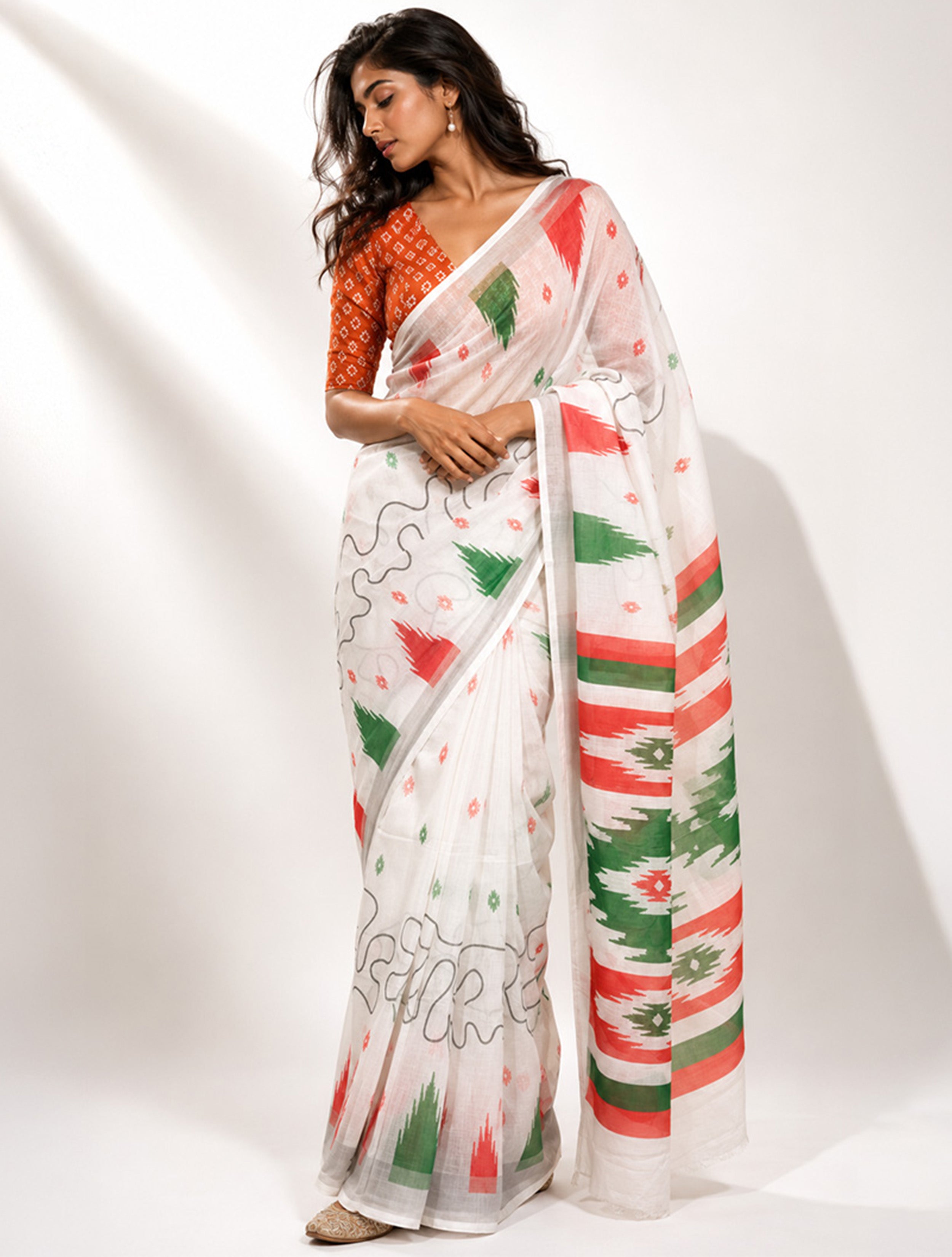 trueBrowns Ikat print Independence Day Saree With Unstitched Blouse| The Freedom Drape