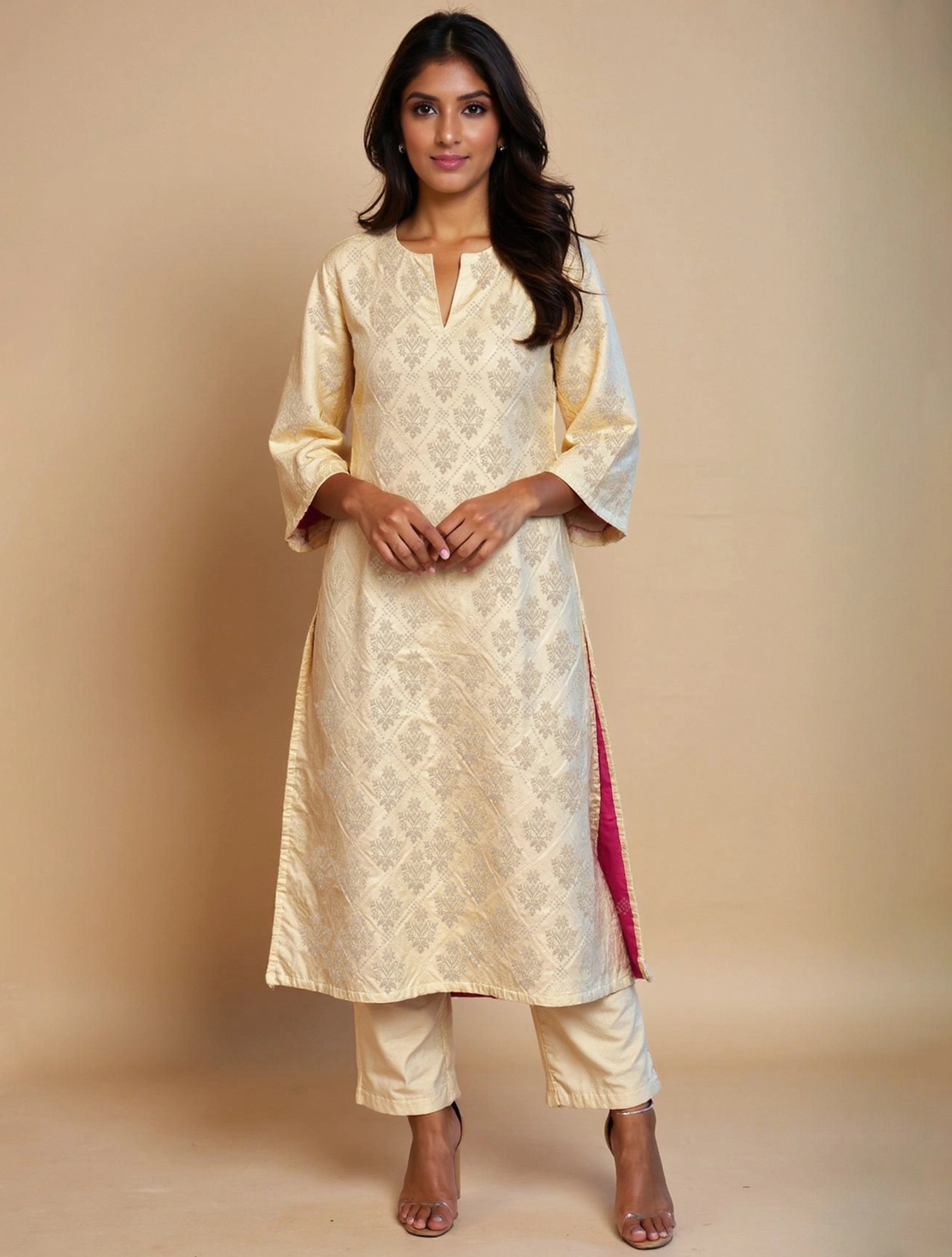 trueBrowns Ivory Brocade Straight High-Slit Kurta Set
