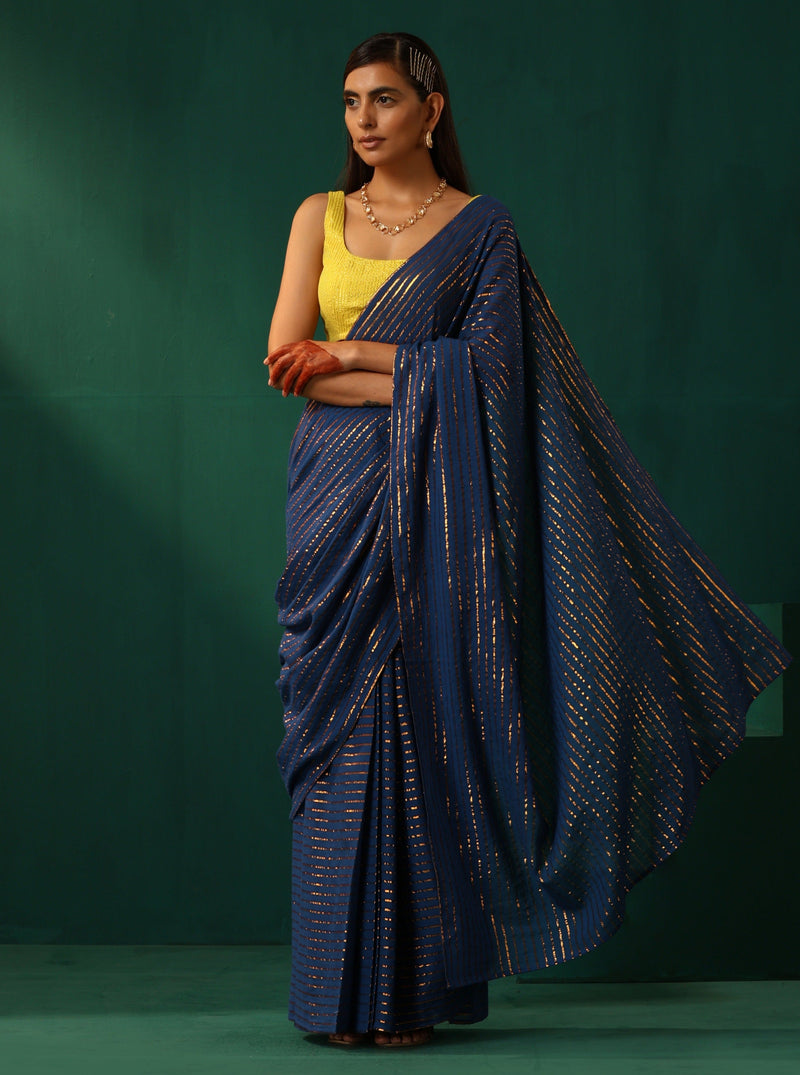trueBrowns Royal Blue Cotton Gold Striped Ready To Wear Saree