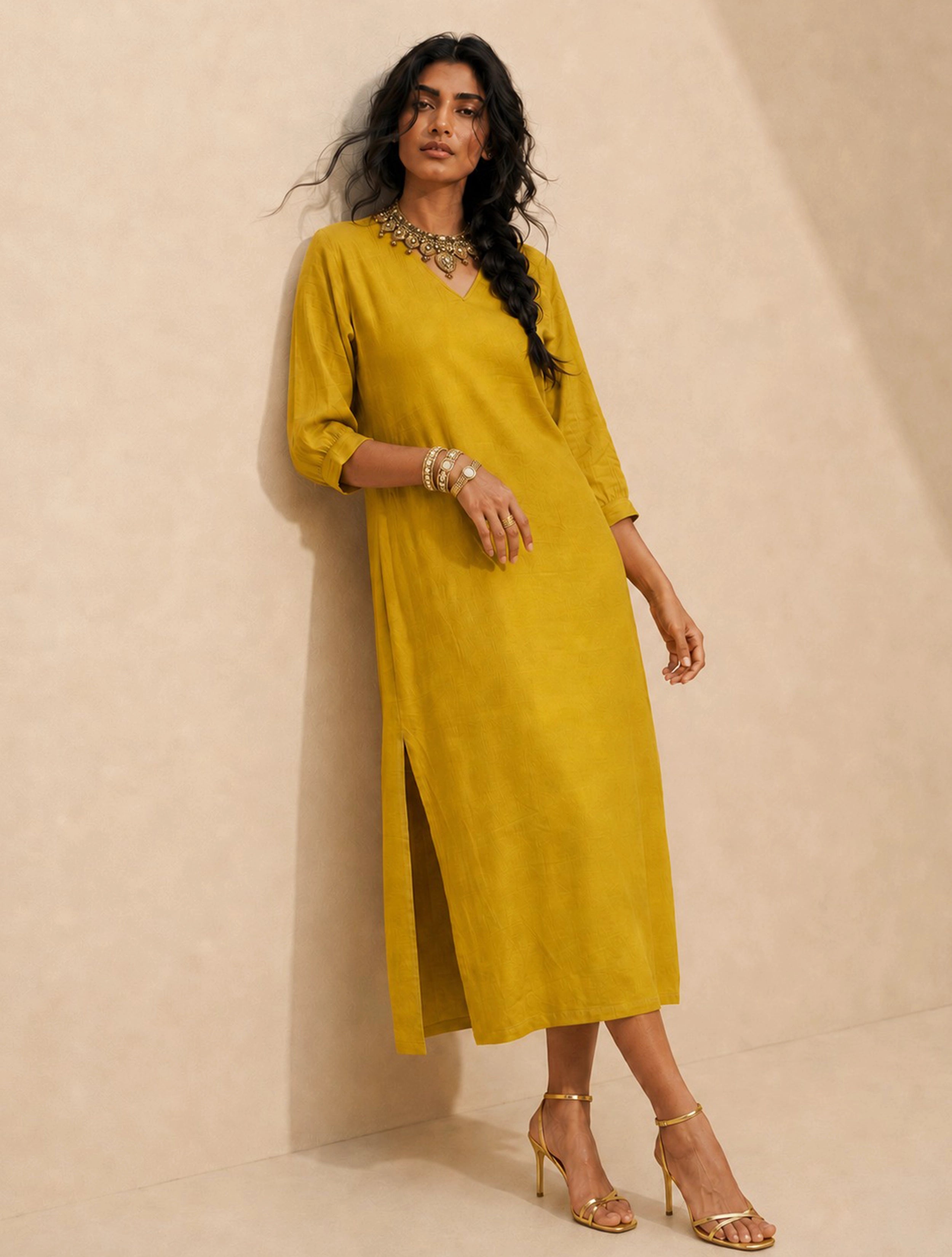 trueBrowns Lime Solid Viscose Long Dress