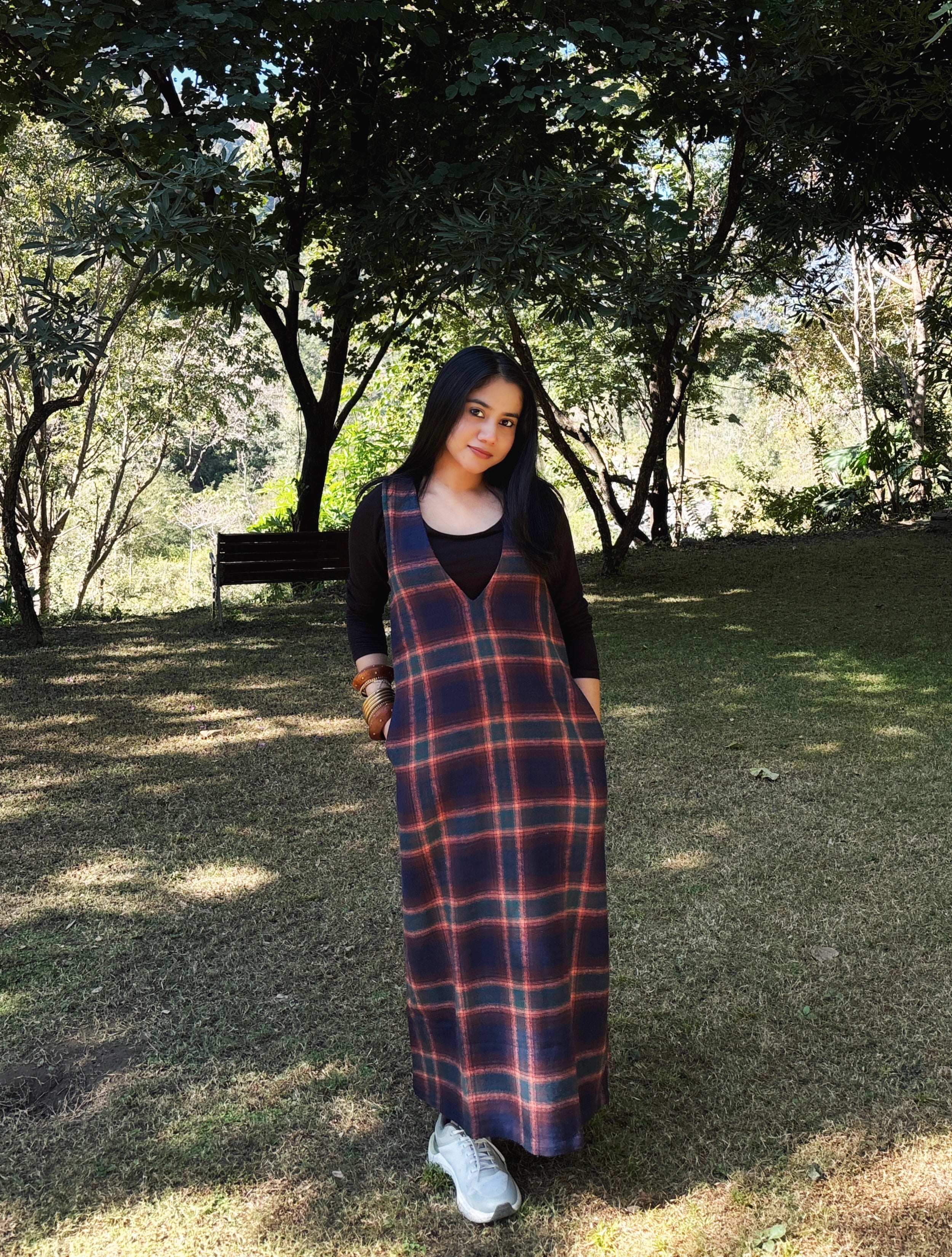 trueBrowns Navy Sleeveless Check Woollen Dress