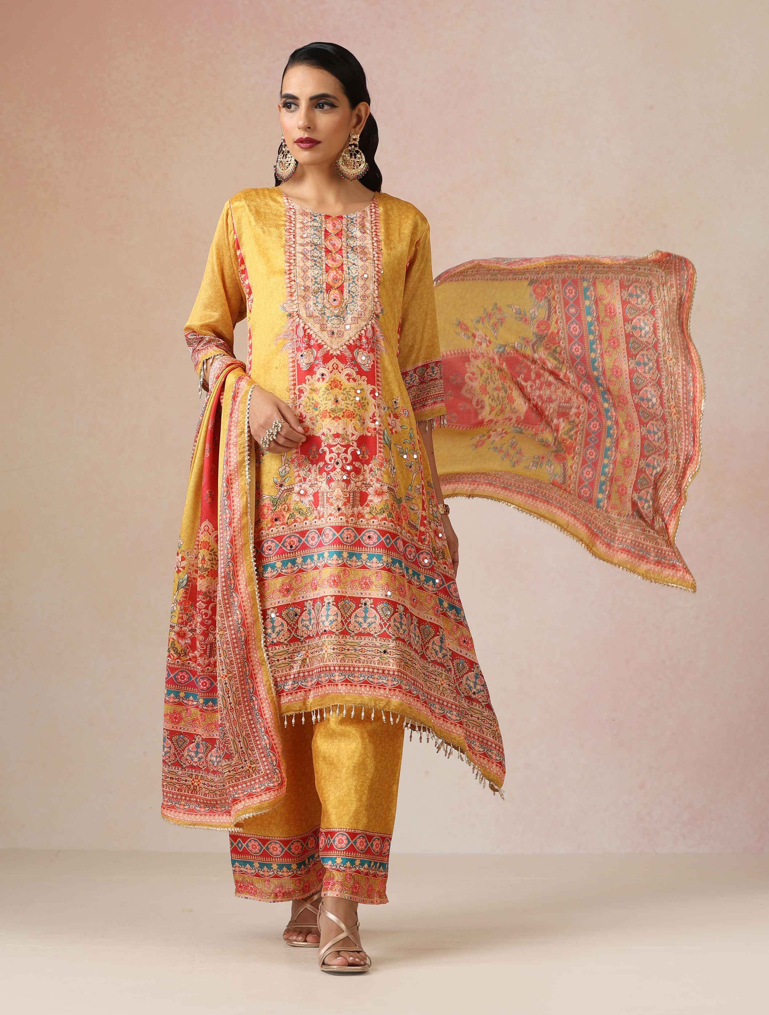 trueBrowns Yellow Print A-Line Kurta 3pc Set