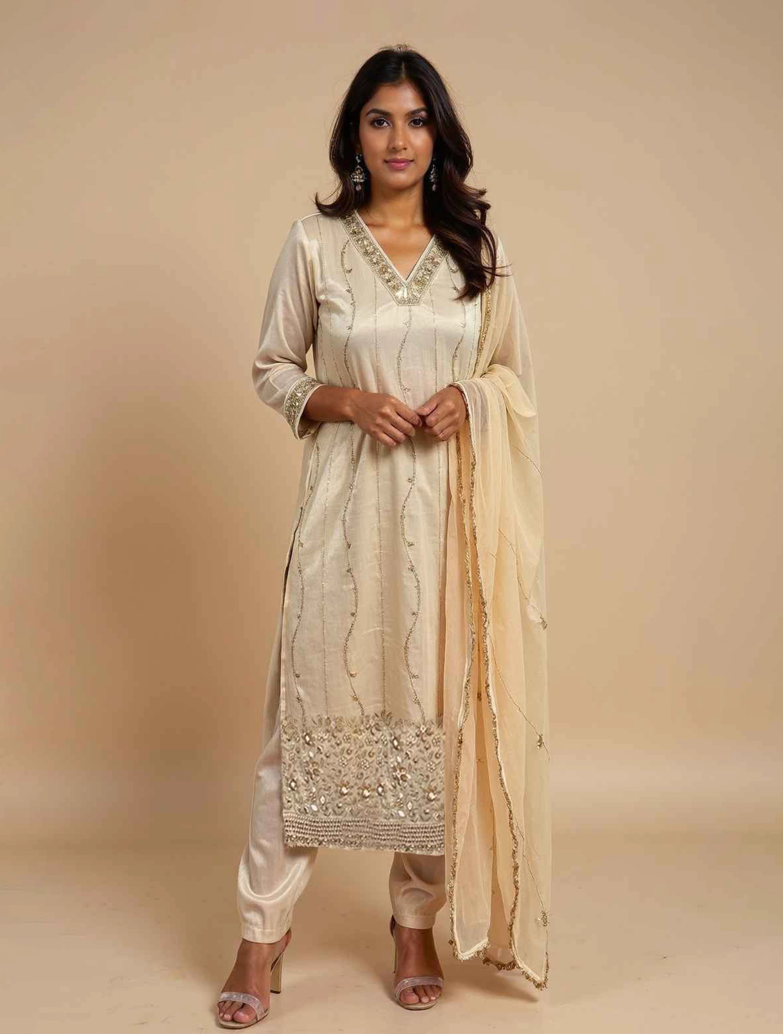 trueBrowns Ivory Zari Embroidered Straight Kurta Pant Dupatta Set