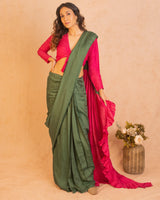 Silk Green Pink Ruffled Ready Pleated Saree - trueBrowns