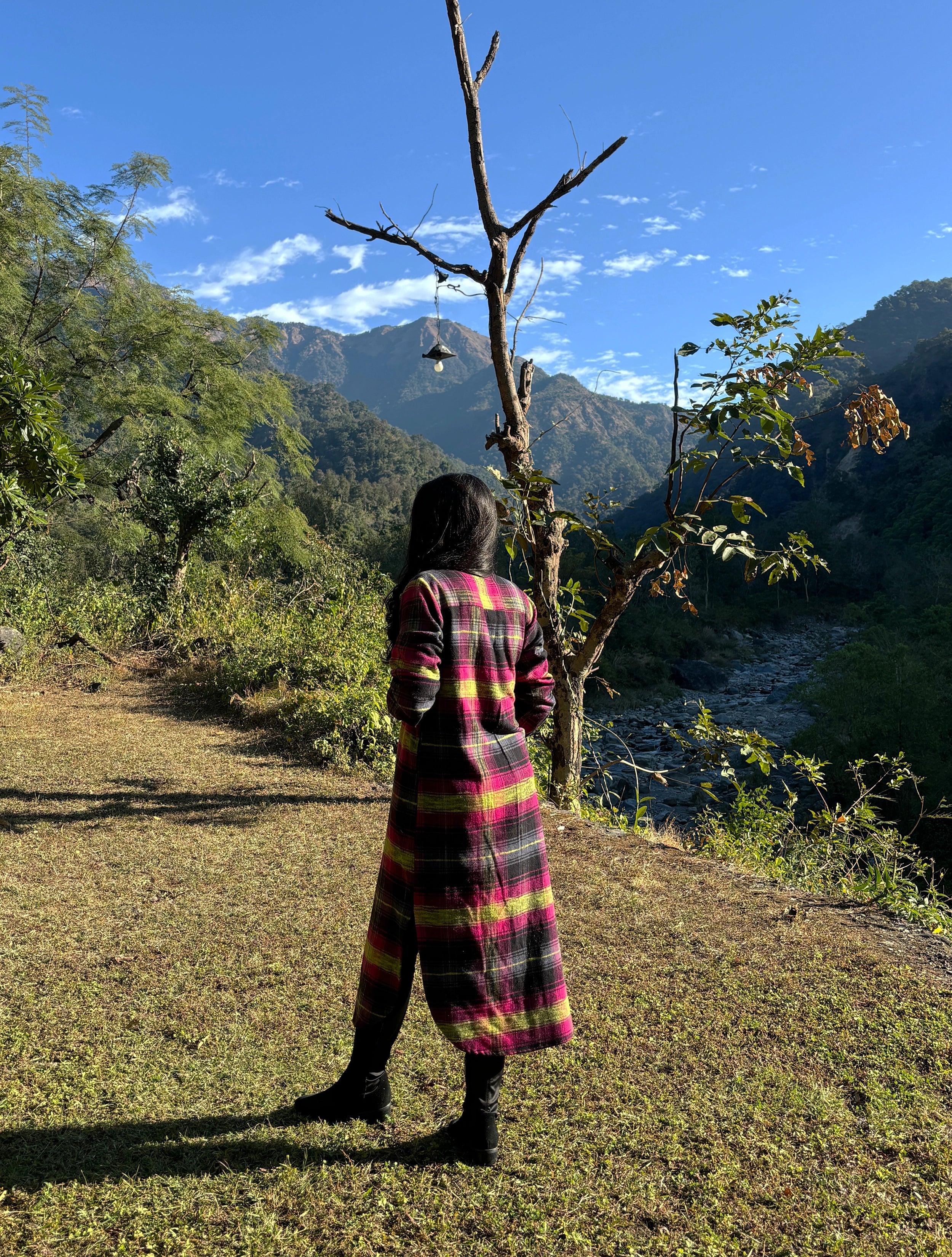 trueBrowns Pink Lime Check Woollen Long Shirt Dress