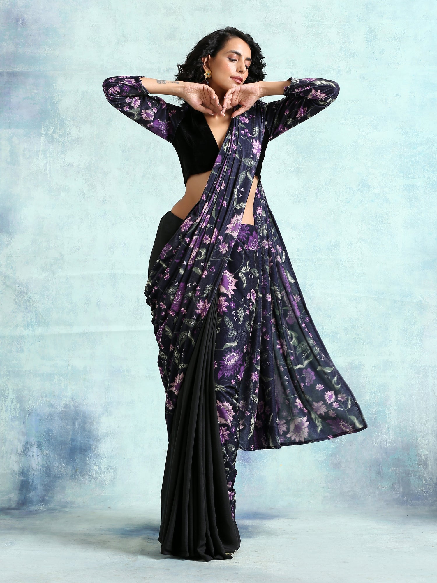 Black Printed Velvet Ready To Wear Saree