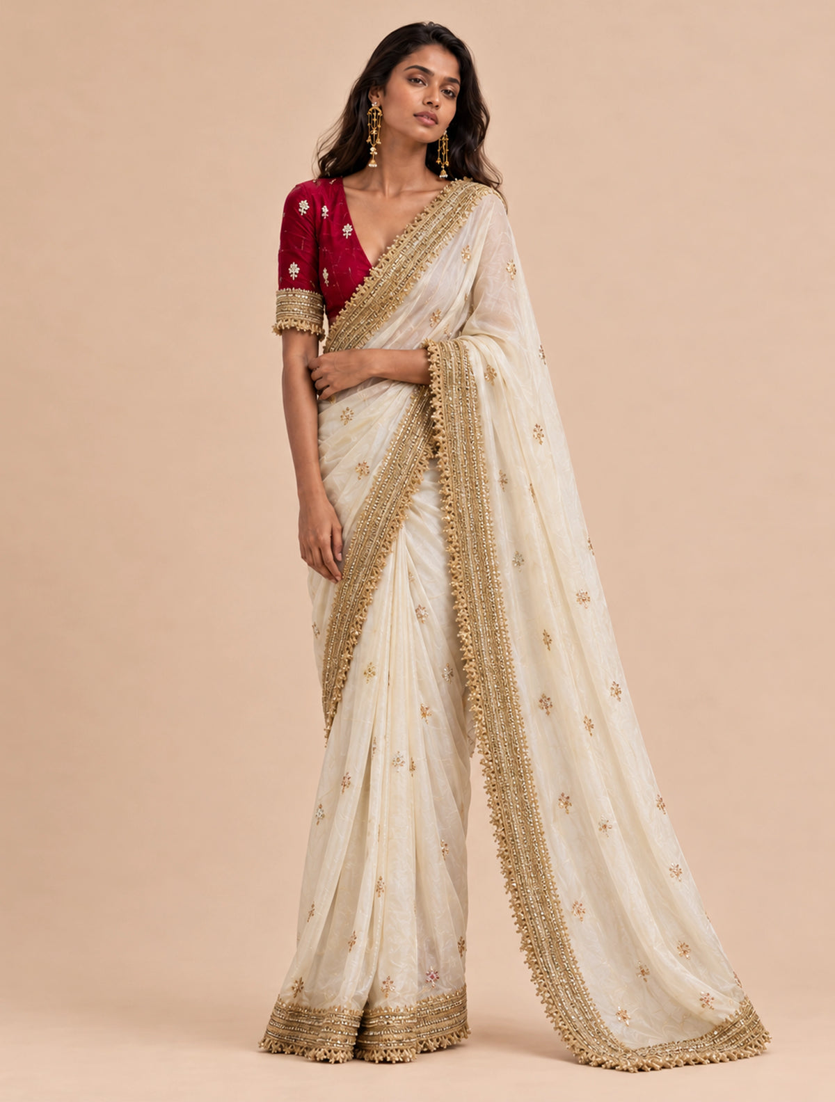 trueBrowns Ivory Embroidered Satin Tissue Saree With Unstitched Blouse