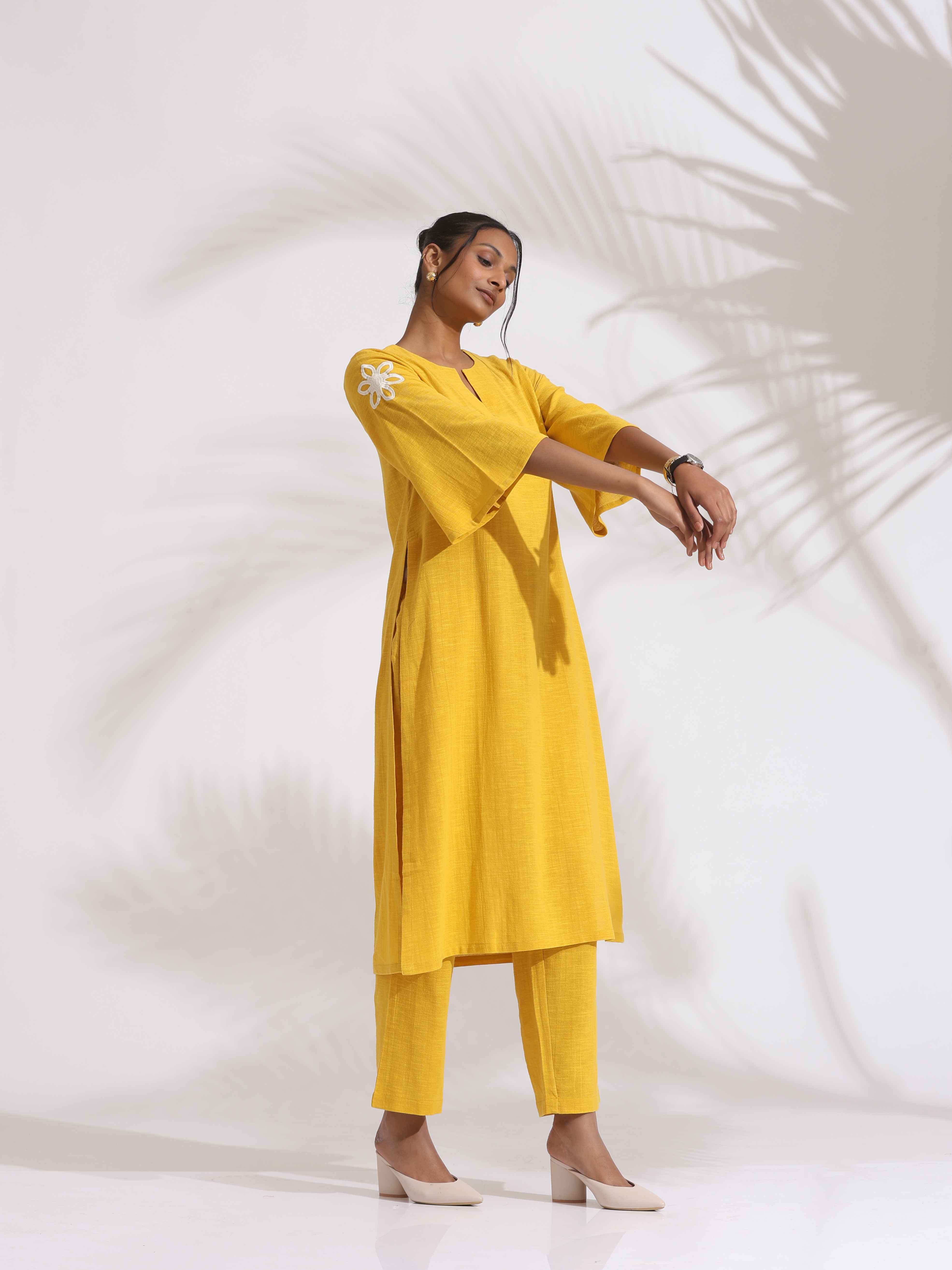 trueBrowns Yellow Cotton Slub Embroidered Straight Kurta Set